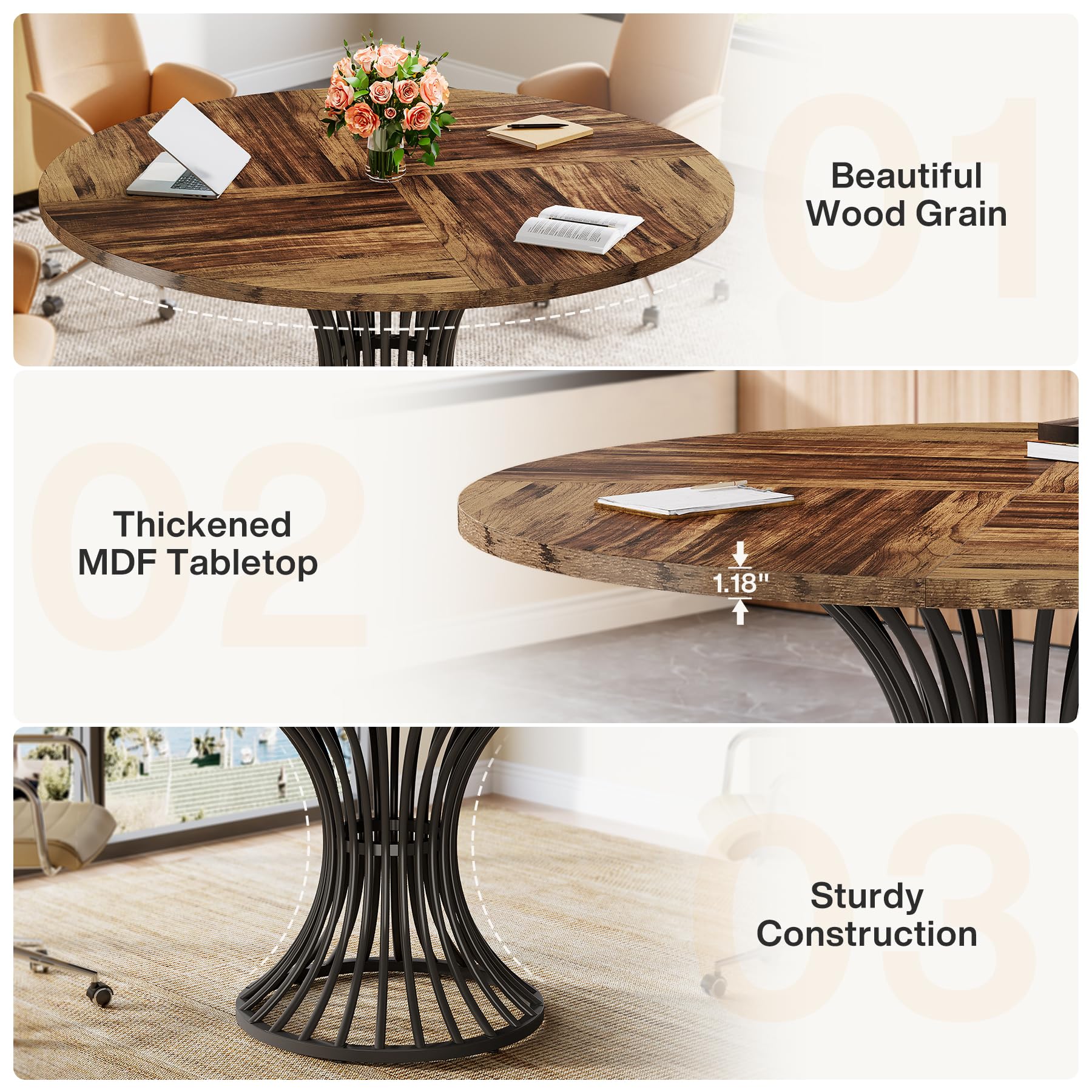 Tribesigns 47-Inch Round Conference Table for 4-6 People - Thickened Wood Tabletop & Sturdy Metal Base - Industrial Style Office Meeting Table in Rustic Brown - Perfect for Small Conference Rooms, Team Meetings & Collaborative Workspaces