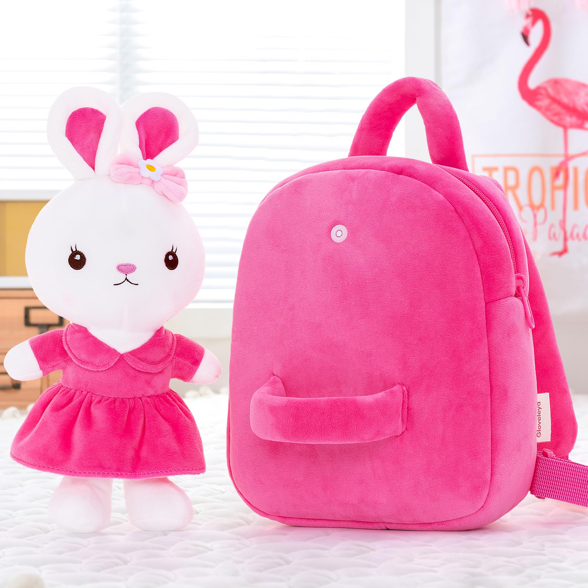 Cute Bunny Plush Toy Toddler Backpack for Girls - Rose Red 9 Inch Kids School Bag with Stuffed Animal, Perfect for Preschool, Daycare & Travel Accessories