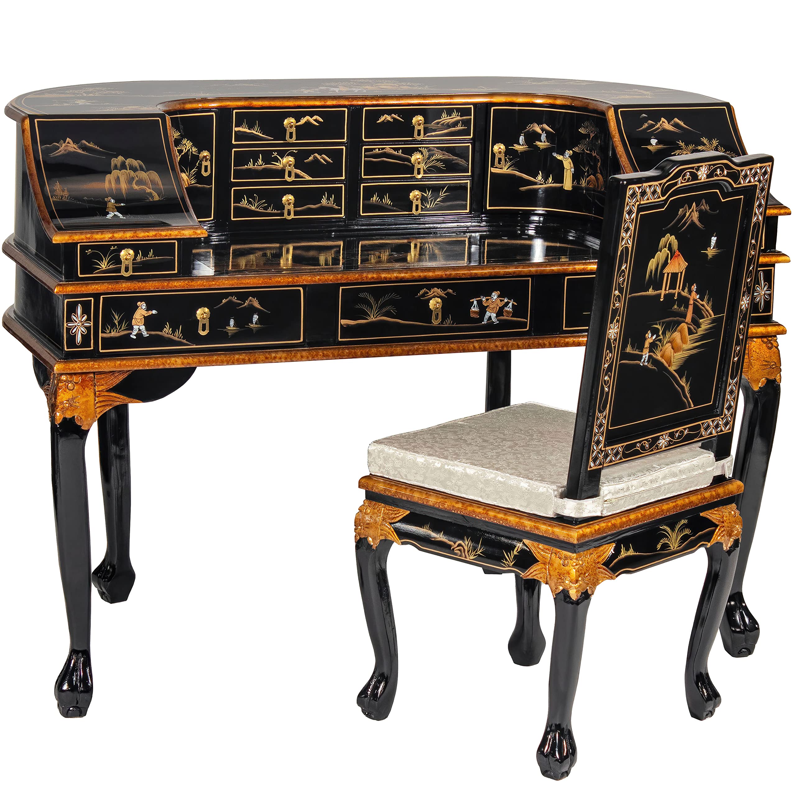Handcrafted Black Lacquer Desk with Matching Chair - Traditional Red Lantern Design - Perfect for Home Office, Study Room & Asian-Inspired Decor