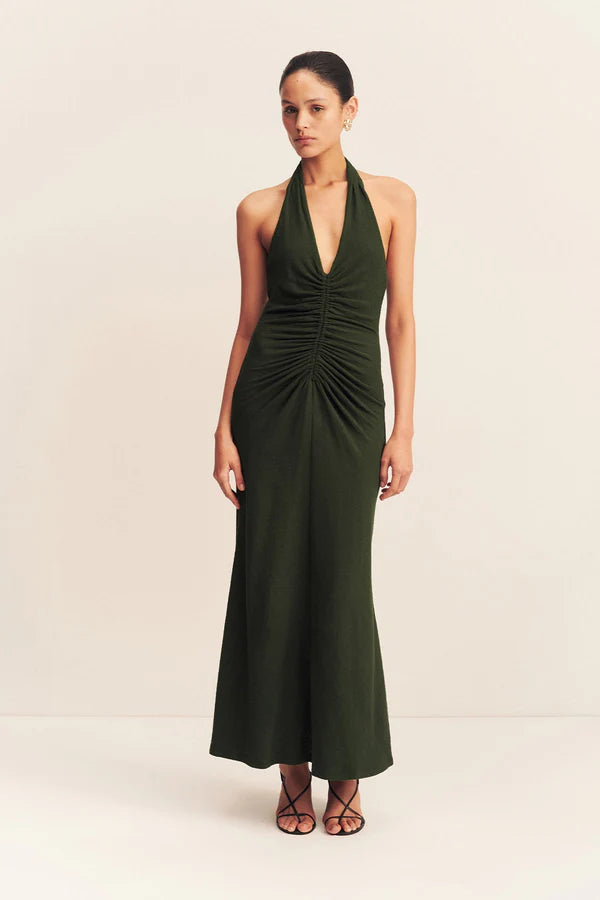 Beau Halter Ruched Midi Dress in Army Green - Elegant Bodycon Dress for Women, Perfect for Date Night, Cocktail Parties & Special Occasions