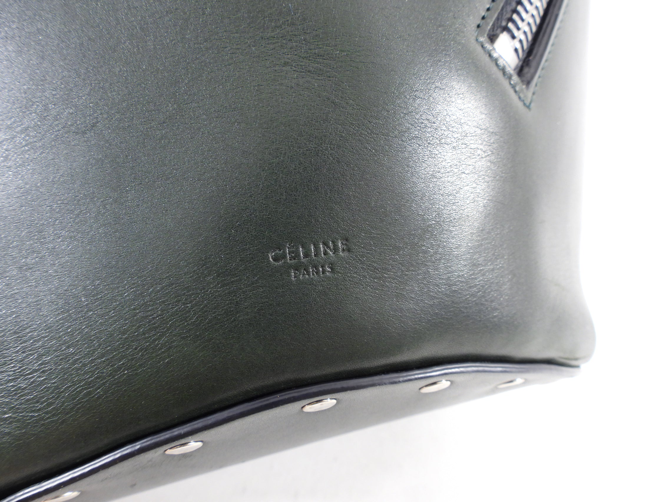 Celine Dark Forest Green Leather Biker Bucket Bag for Women - Stylish Crossbody Handbag for Travel, Work & Everyday Use