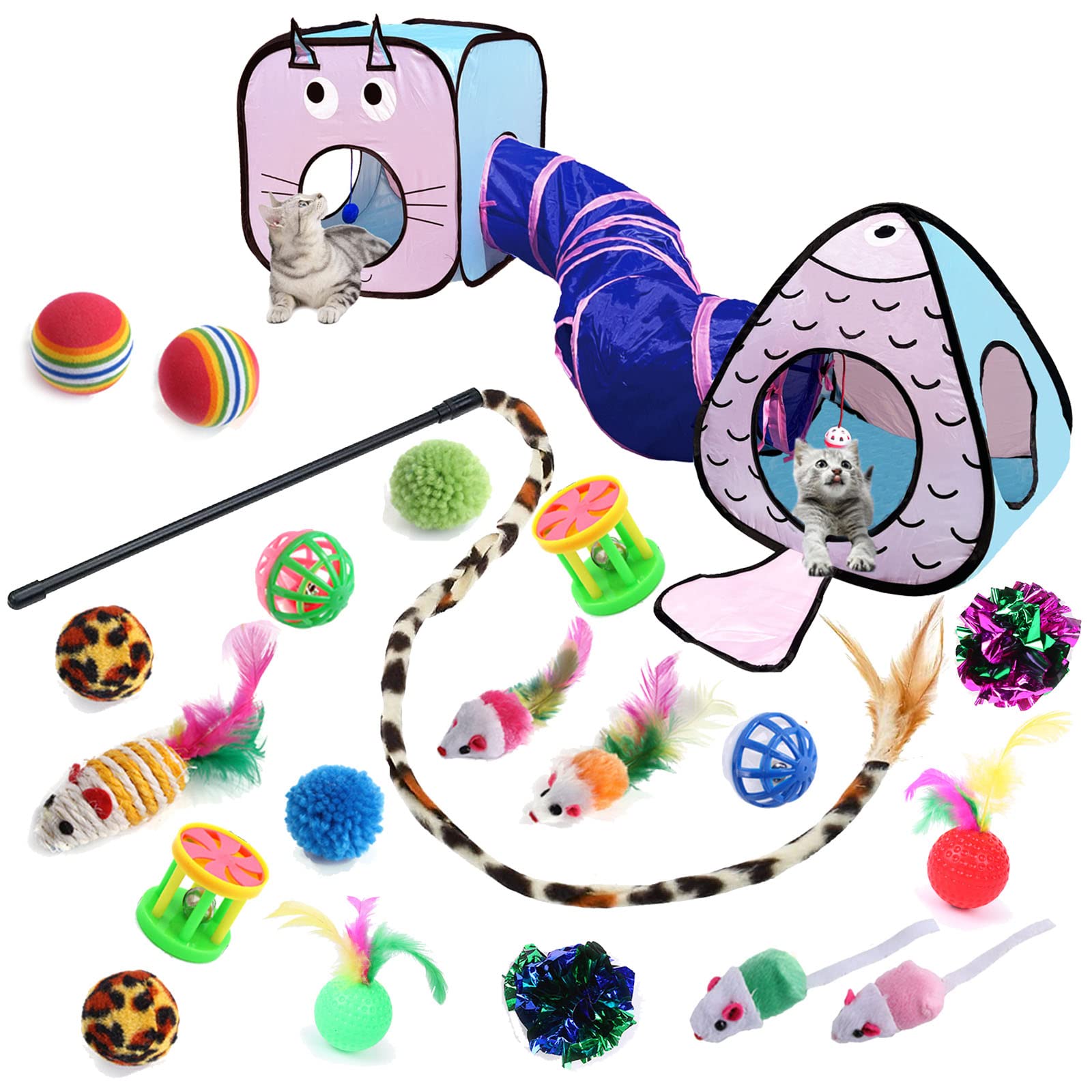 23-Piece Cat Toys Set for Indoor Cats - Interactive Feather Teaser Wand, Collapsible Tunnel Cube, Bell Balls, Fuzzy Springs & Mouse Toys - Perfect for Playtime, Exercise & Bonding with Your Kitten