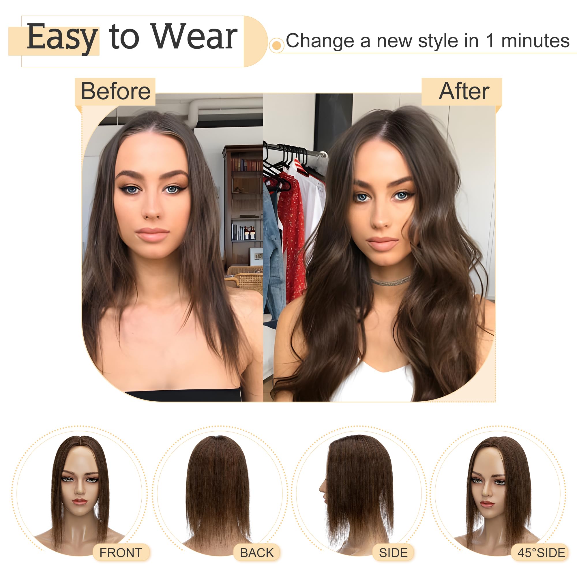 SEGO 100% Real Human Hair Toppers for Women with Thinning Hair - 18 Inch No Bangs Medium Brown Clip-in Top Wiglet (7x13cm Silk Base) | Perfect for Daily Wear, Parties & Special Occasions