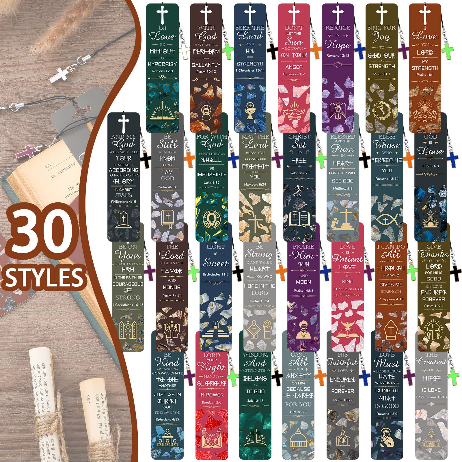 30 Pcs Christian Bookmarks with Cross Pendants - Inspirational Bible Verse Gifts for Church, Reading & Rewards