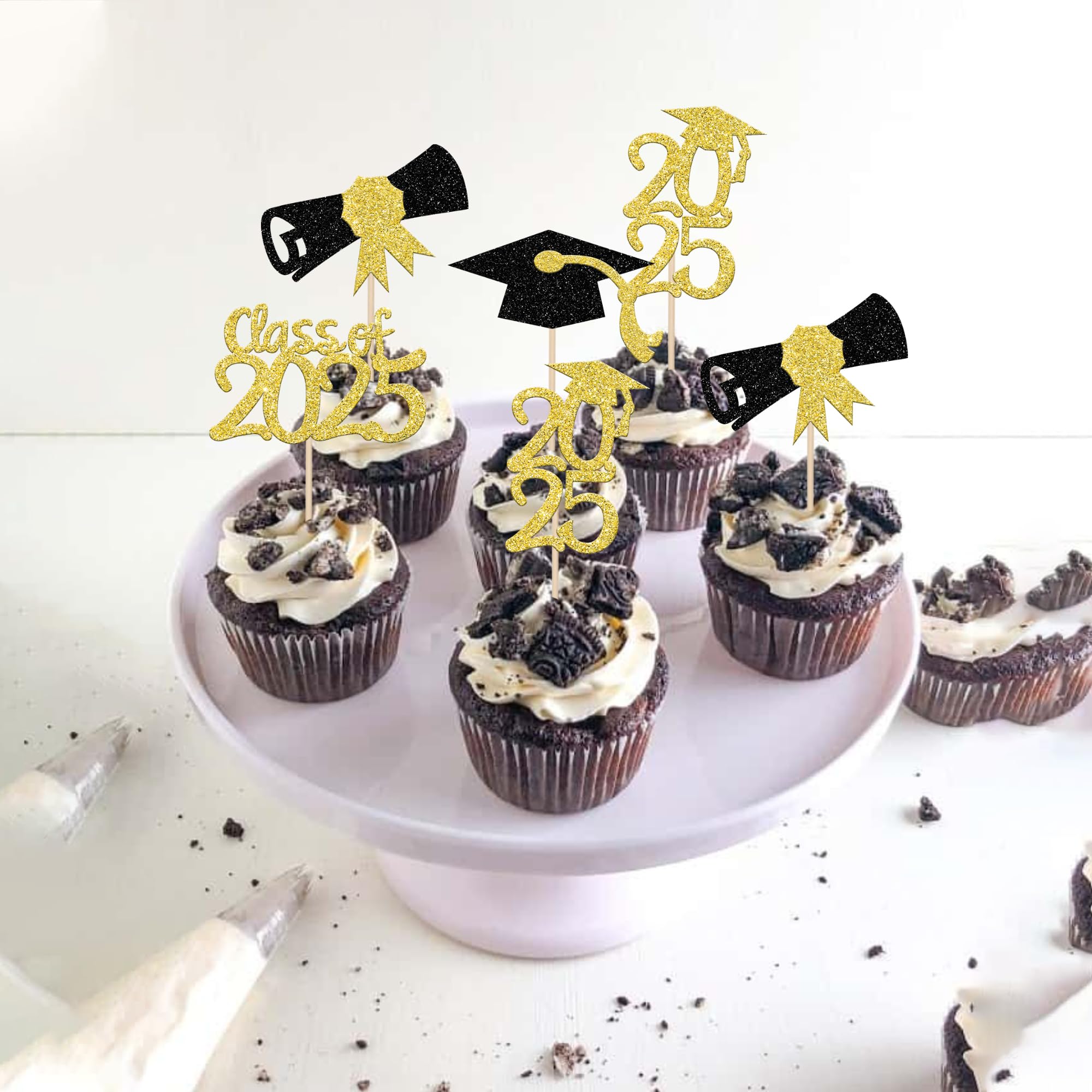 36 PCS 2025 Graduation Cupcake Toppers - Glitter Diploma & Grad Cap Decorations for Class of 2025 - Gold Cake Topper Picks for Graduation Party, School Celebration & Dessert Decor
