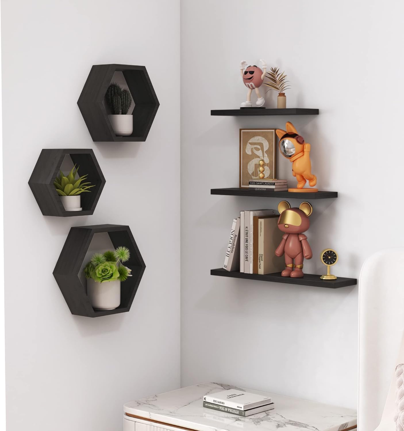 Hexagon Wall Shelves Set of 6 - Floating Wooden Wall Mounted Shelves for Photos, Plants & Decor | Rustic Honeycomb Shelves for Living Room, Bedroom, Bathroom, Kitchen & Office | Black Home Decor Shelving | Perfect for Gallery Walls, Bathroom Storage & Small Space Organization