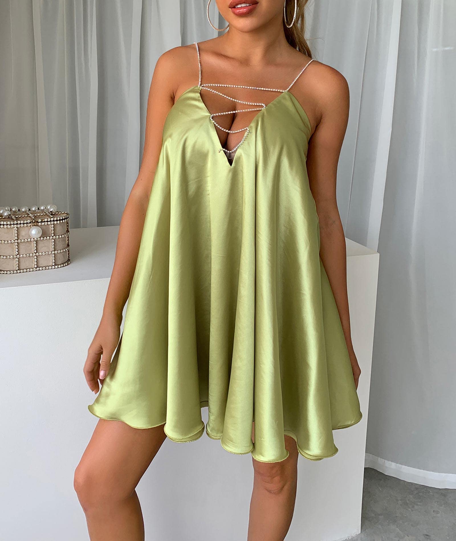 FYEARFOX Women's Sexy Spaghetti Strap Backless Mini Dress - Deep V Neck Sleeveless Ruffle Short Party Club Dress for Summer Beach Vacation, Night Out and Date Night