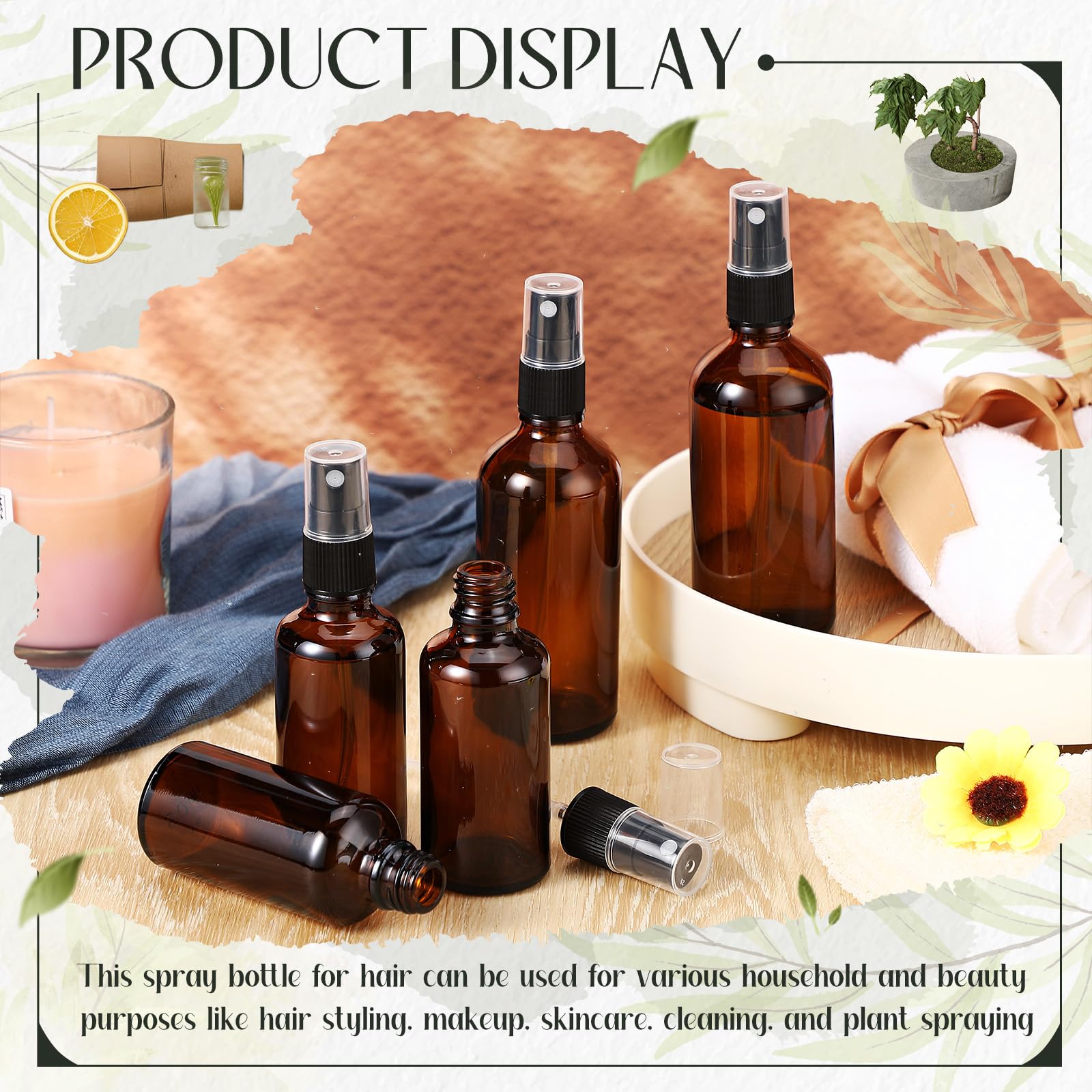 24-Pack 2oz & 4oz Amber Glass Spray Bottles - Essential Oil Bottles, Fine Mist Cosmetic Sprayers, Empty Perfume Bottles for Hair, Face, Body & Makeup - Perfect for Home, Travel & DIY Beauty Products