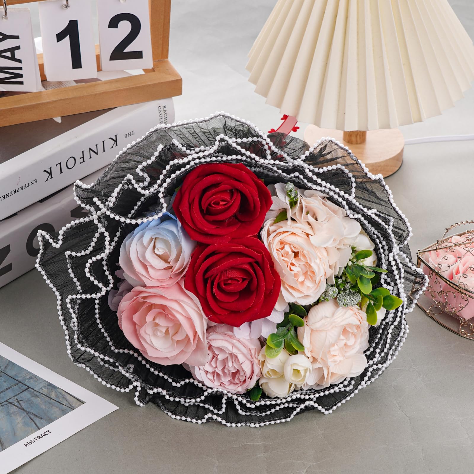 4.37 Yard Floral Wrapping Mesh Paper with Pearl Edge - Translucent Crinkle Bouquet Packaging for Wedding, Mother's Day & Valentine's Day Gifts - DIY Flower Arrangement, Florist Supplies, Gift Wrapping Decor
