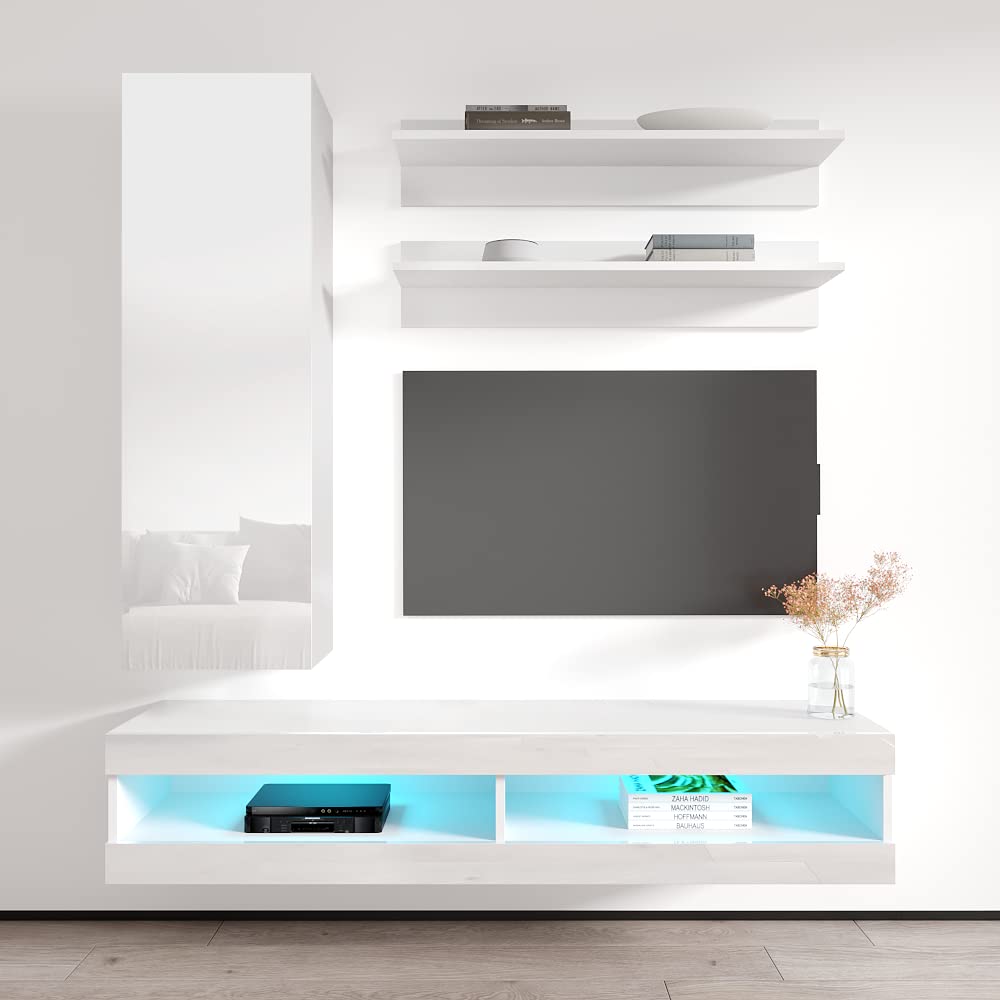 Modern White Wall-Mounted TV Stand with Storage Shelves & LED Lights - Floating Entertainment Center Console for Bedroom & Living Room - Perfect for Small Spaces & Home Theater Setup - Meble Furniture Fly H1 34