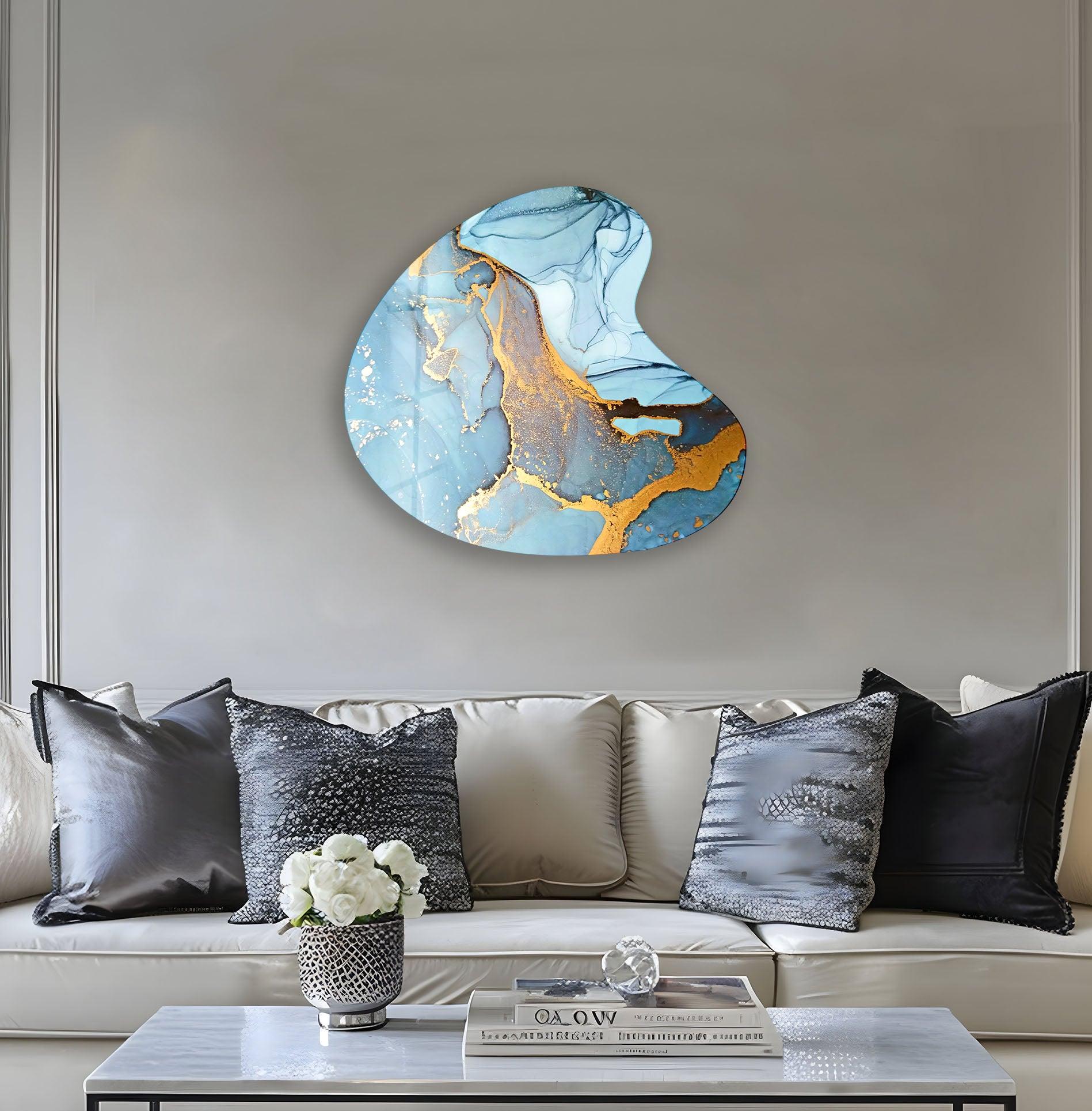 Blue Alcohol Ink Abstract Glass Wall Art - Handmade Irregular Modern Decor for Living Room, Bedroom & Office