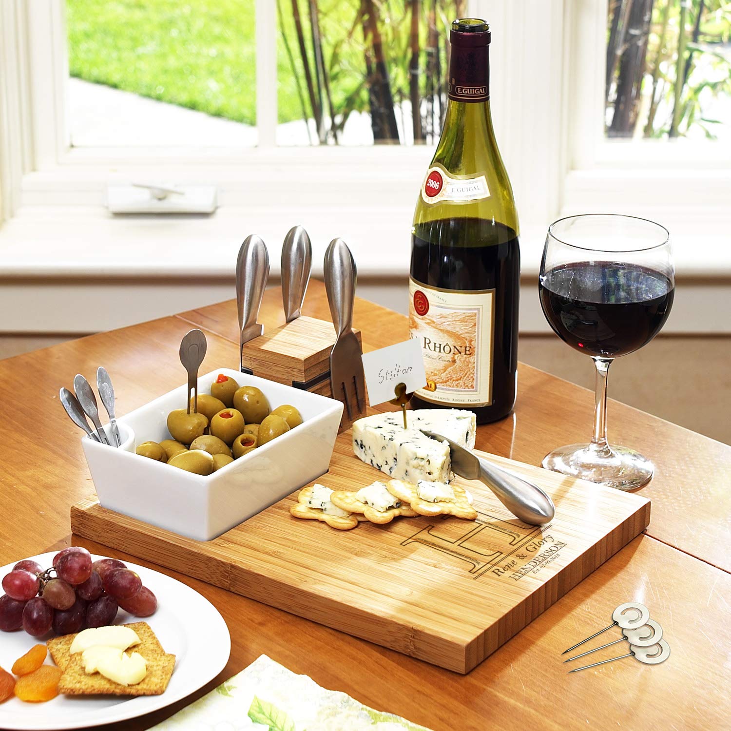 Personalized Engraved Bamboo Cheese Board Set with Ceramic Dish, Knives & Accessories - Perfect for Charcuterie, Wine Nights & Gift Giving | Picnic at Ascot USA