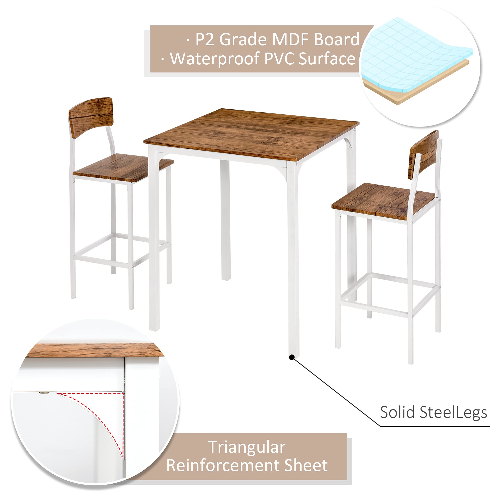 HOMCOM 3-Piece Counter Height Bar Table and Chairs Set, Industrial Style Small Dining Table Set for 2, Square Kitchen Table with Stools, Steel Frame in Walnut & White - Perfect for Small Spaces, Breakfast Nooks, and Modern Apartments