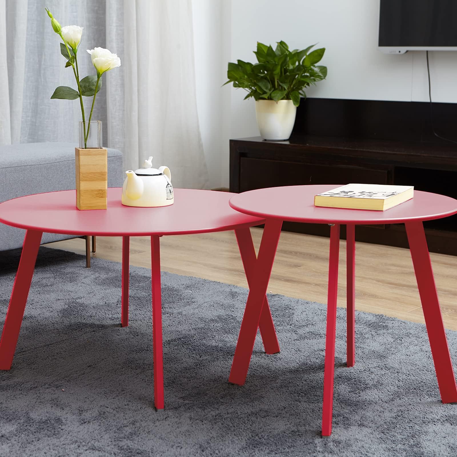 **Round Steel Patio Coffee Table Set - Weather Resistant Outdoor Nesting Tables (1 Large Side Table + 1 Small End Table) - Red (2-Piece) - Perfect for Garden, Deck, Poolside & Patio Furniture**