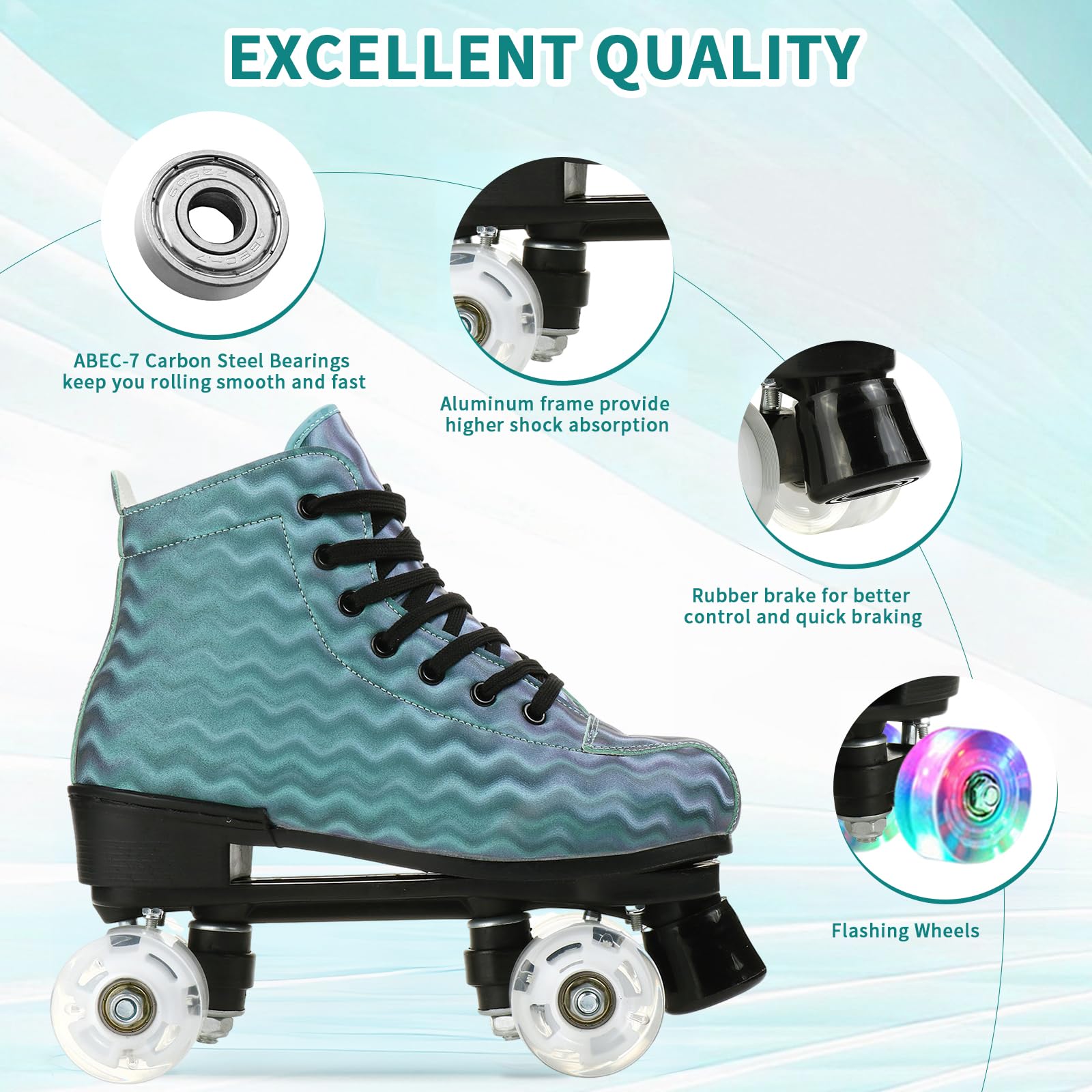 MilkyWay Unisex Roller Skates for Adults & Kids - High-Top Quad Skates with Double Row Wheels & Lightning Design - Perfect for Beginners, Indoor & Outdoor Skating, Rink Parties, Fitness & Fun