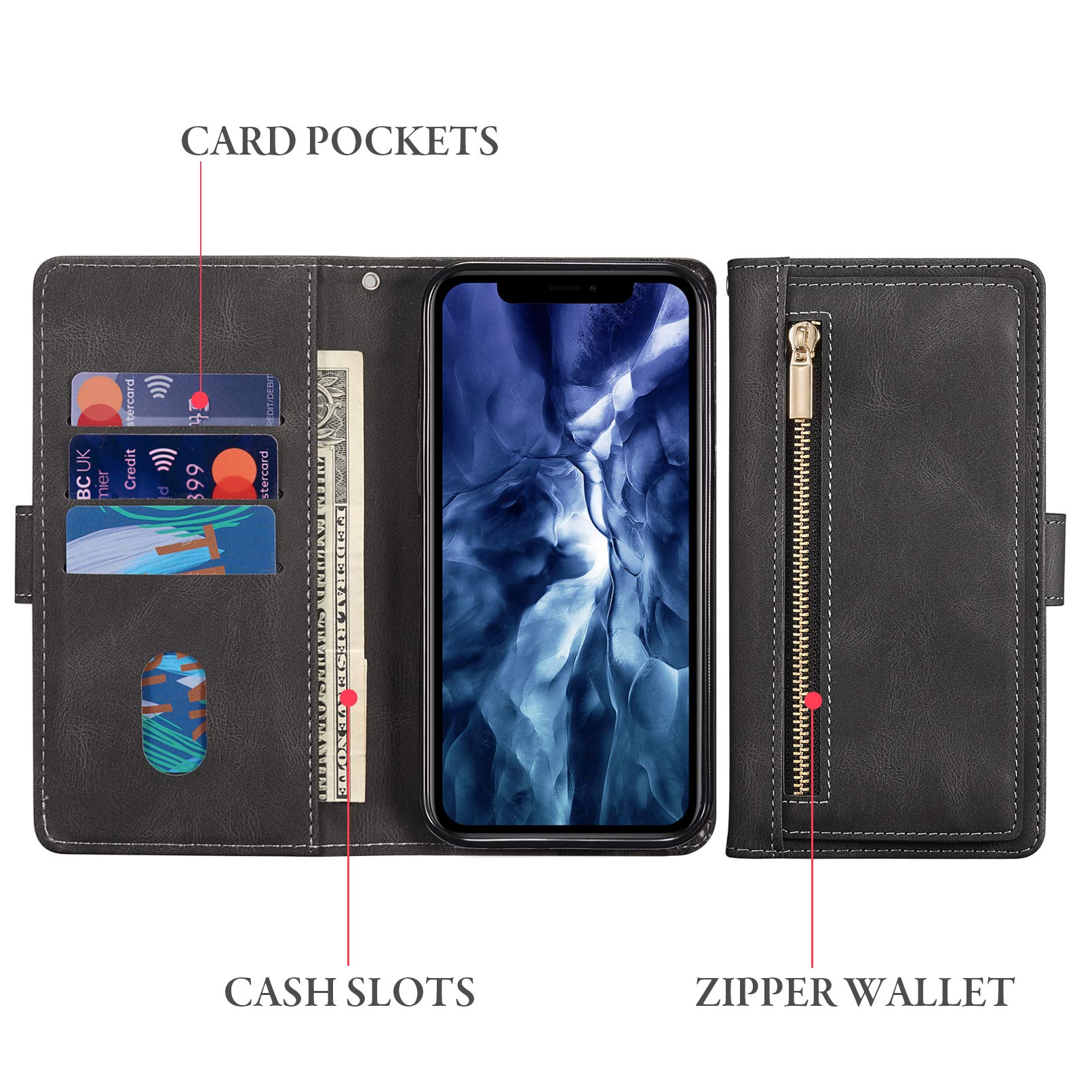 QLTYPRI Leather Wallet Case for iPhone 12 Pro Max (6.7 Inch) - Zipper Purse with Money Pocket, 9 Card Slots & Wrist Strap - Magnetic Flip Cover - Black - Perfect for Travel, Shopping & Everyday Use