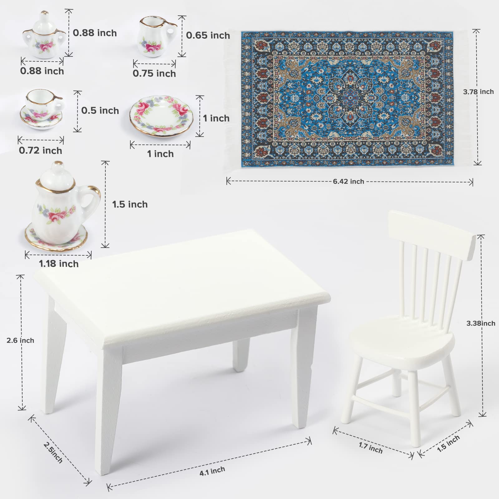 1:12 Scale SAMCAMI Miniature Dollhouse Furniture Set - Wooden Kitchen & Dining Room Accessories with Table, Chairs, Tea Set & Carpet (White) | Perfect for Dollhouse Decor, Collectors & Creative Play