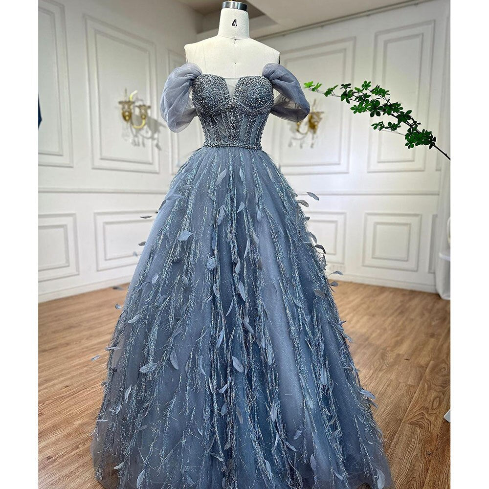 Serene Hill Blue A-Line Sexy Off-Shoulder Beaded Feather Evening Dress Gown for Women - Perfect for Wedding, Party & Special Occasions 2025 LA72120