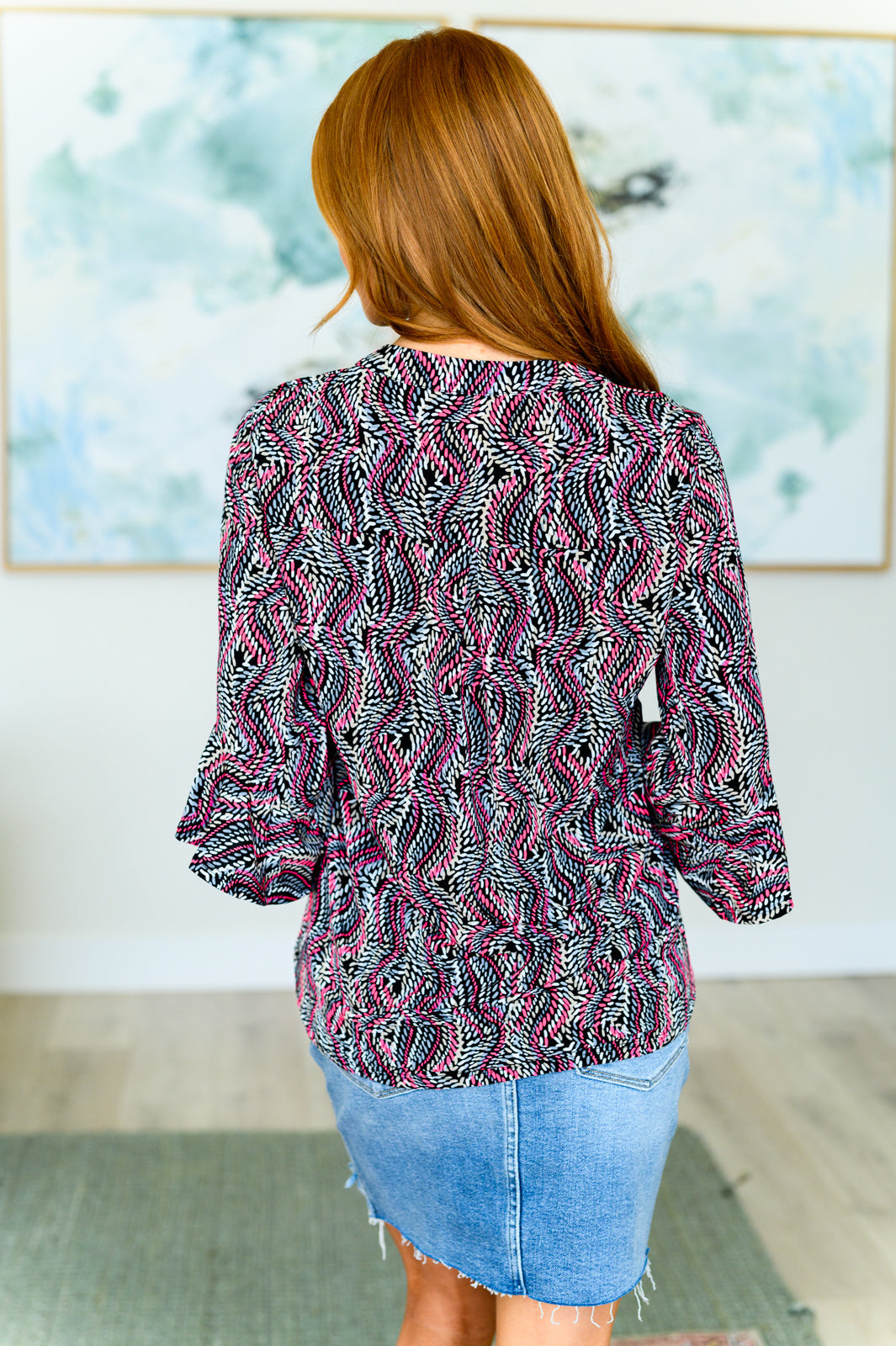 Lizzy Bell Sleeve Top for Women - Black & Pink Rope Design | Flowy Blouse for Casual Wear, Date Night & Office Outfits