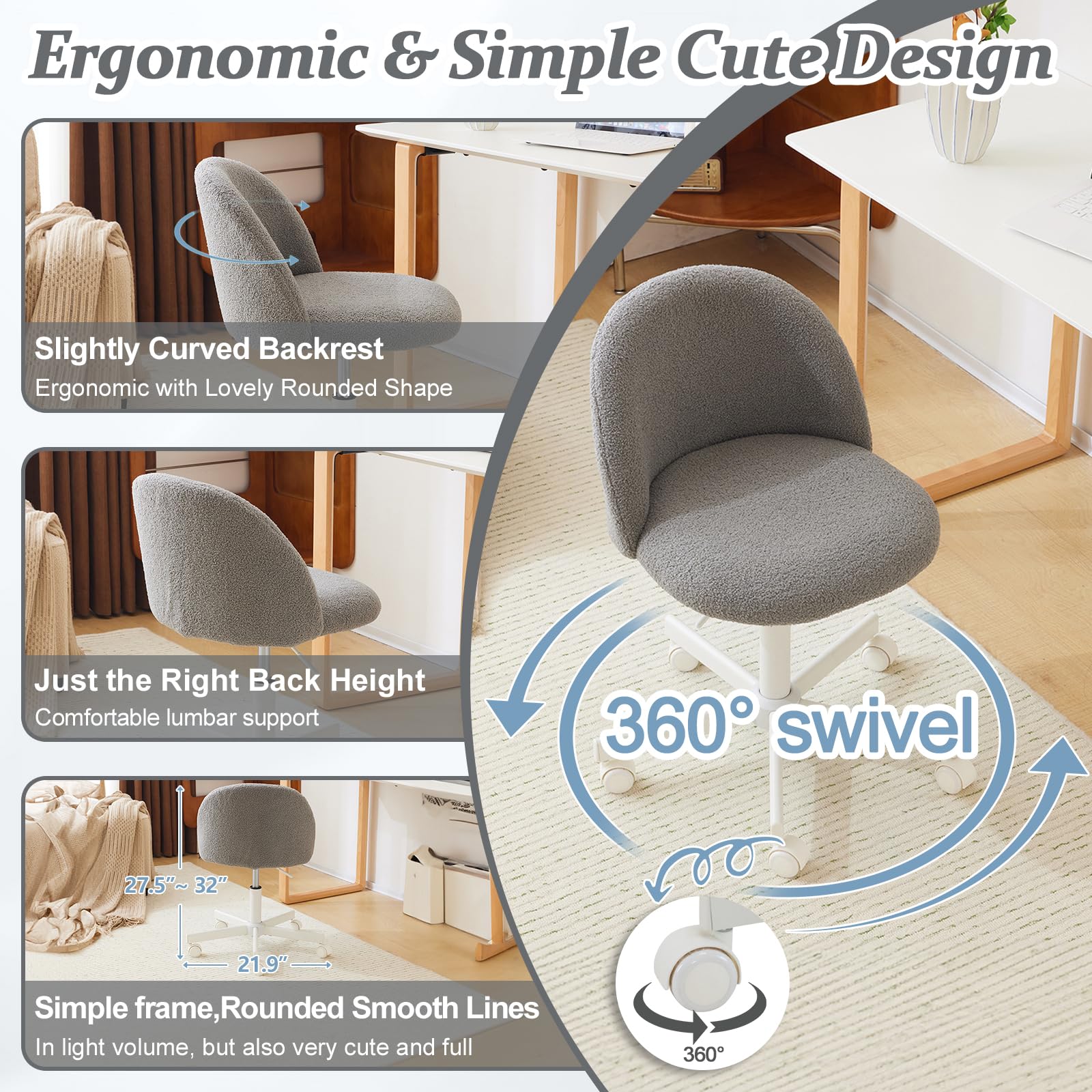 VINGLI Armless Cute Teddy Bear Desk Chair with Wheels - Adjustable Swivel Office Chair with Lumbar Support, Comfortable Small Computer Task Chair for Home Office, Bedroom & Vanity (Muted Grey) - Perfect for Work, Study & Gaming Sessions