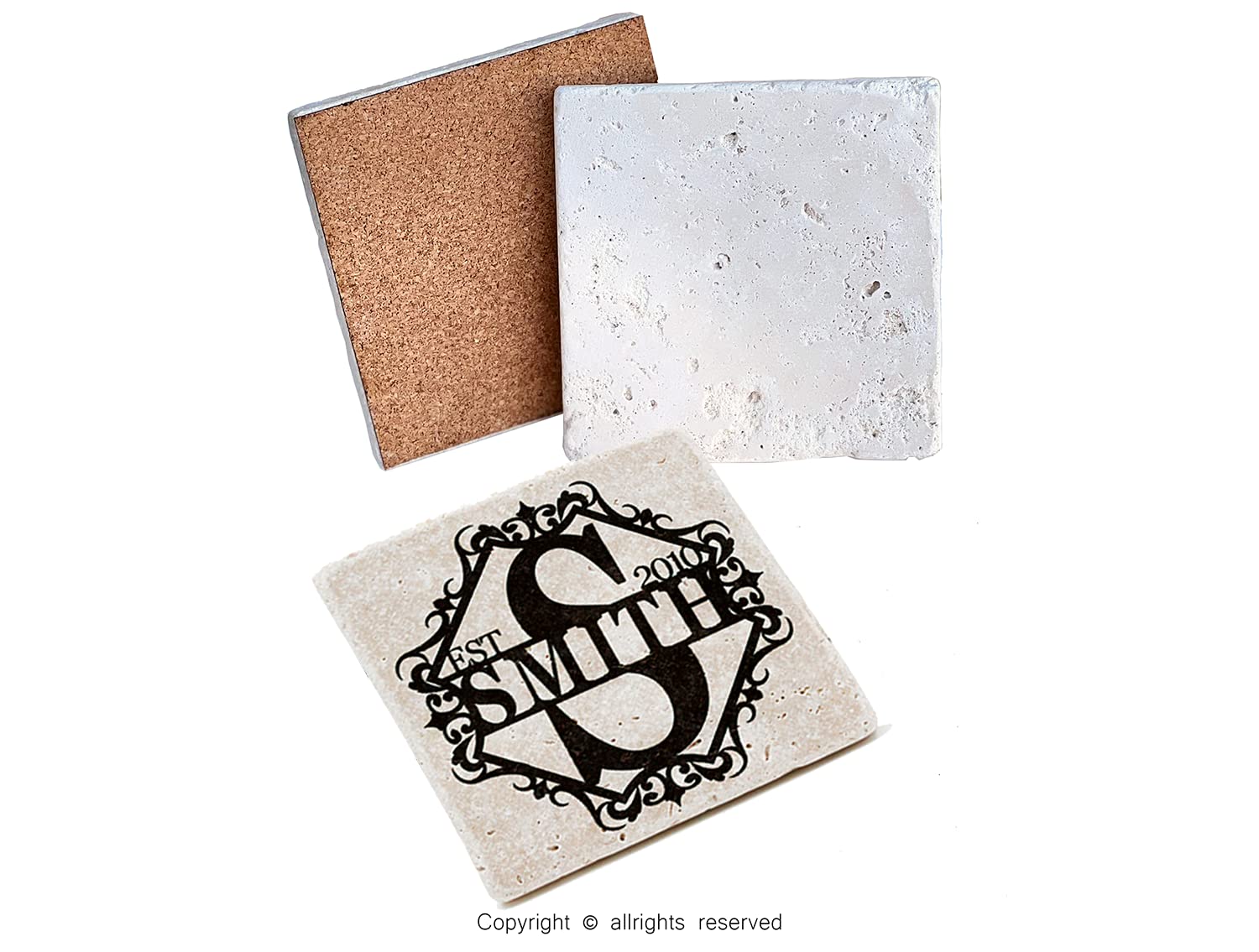 Custom Engraved Stone Coasters with Personalized Initials & Last Name - Unique Wedding & Housewarming Gifts - Set of 3 Tan Drink Coasters for Home Bar, Office, or Party Use