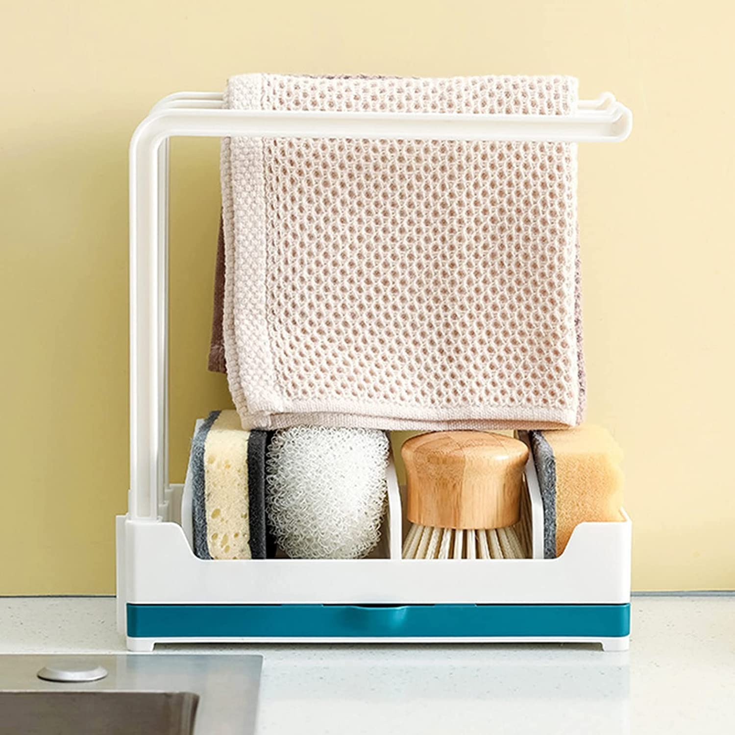 **Stainless Steel Kitchen Sink Caddy & Sponge Holder with Drain Pan - Expandable Sink Organizer for Dishwashing Sponges, Brushes & Cleaning Tools - Perfect for Home Decor & Kitchen Storage**    *(Use Case: Keep your sink area tidy while organizing sponges, brushes, and dish soap for a clutter-free kitchen!)*