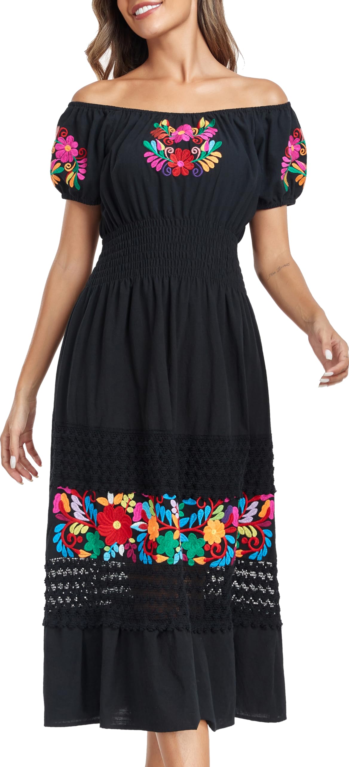 YZXDORWJ Women's Mexican Floral Embroidered Lace Ruffle Maxi Dress - Boho Summer Beach Dress for Vacation, Party & Casual Wear
