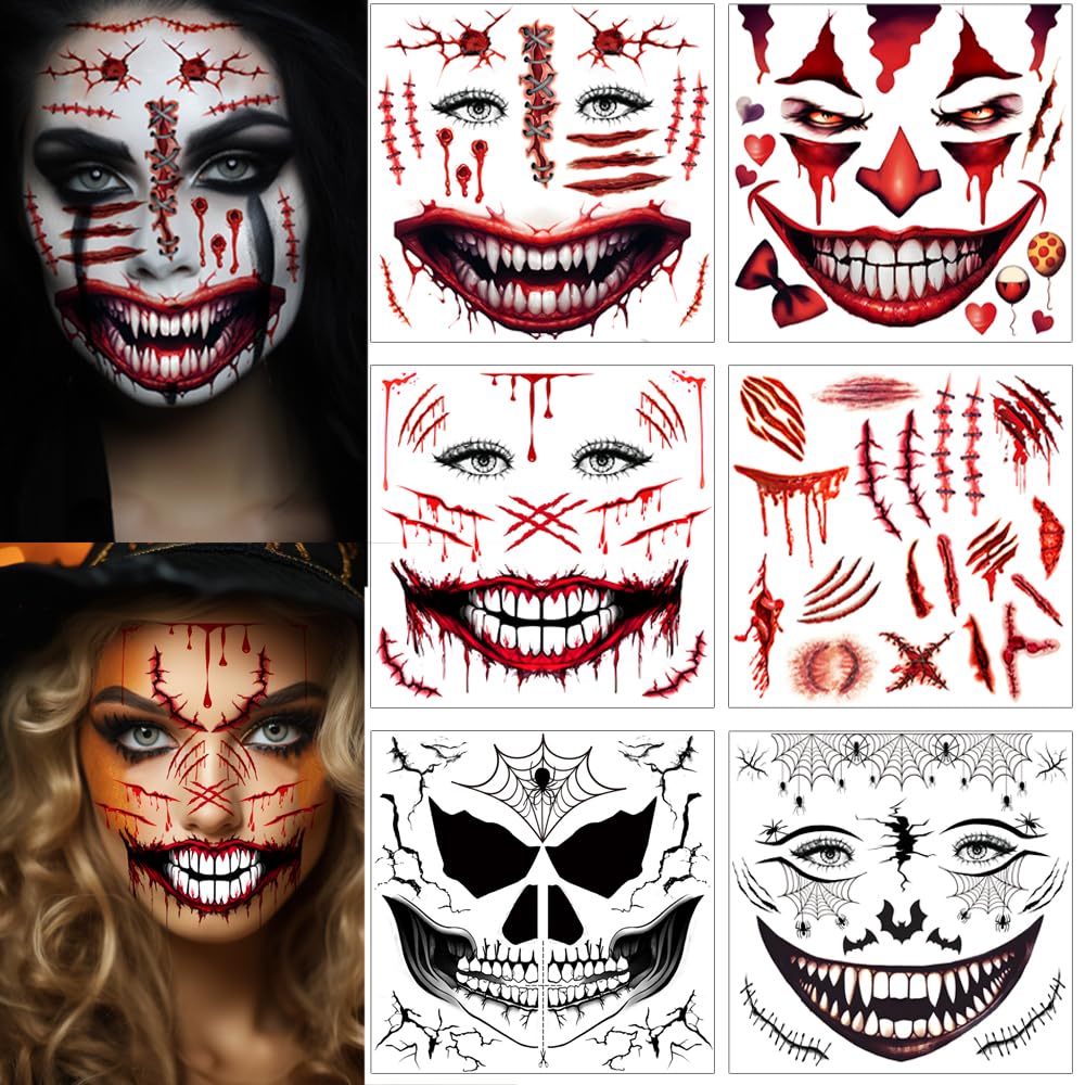 Scary Halloween Temporary Tattoos Set - 5 Face Tattoos + 1 Fake Scars & Stitches Sheet with Bloody Mouth Design | Zombie Makeup, Fake Wounds for Halloween Costume & Party Prank | Perfect for Cosplay, Horror Events and Trick-or-Treating