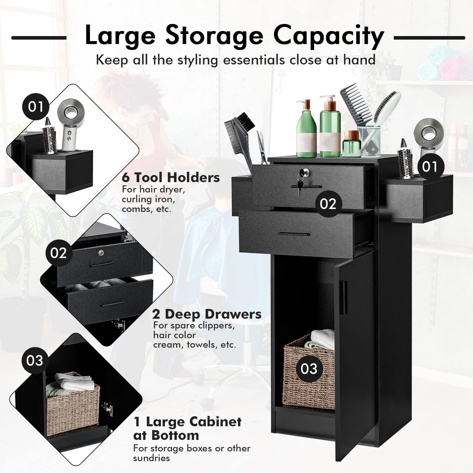 Giantex Salon Storage Cabinet with 2 Drawers & 6 Hair Dryer Holders - Wooden Beauty Salon Organizer for Styling Tools, Spa & Barber Station Equipment - Black (Perfect for Salon, Spa, Home & Professional Use)