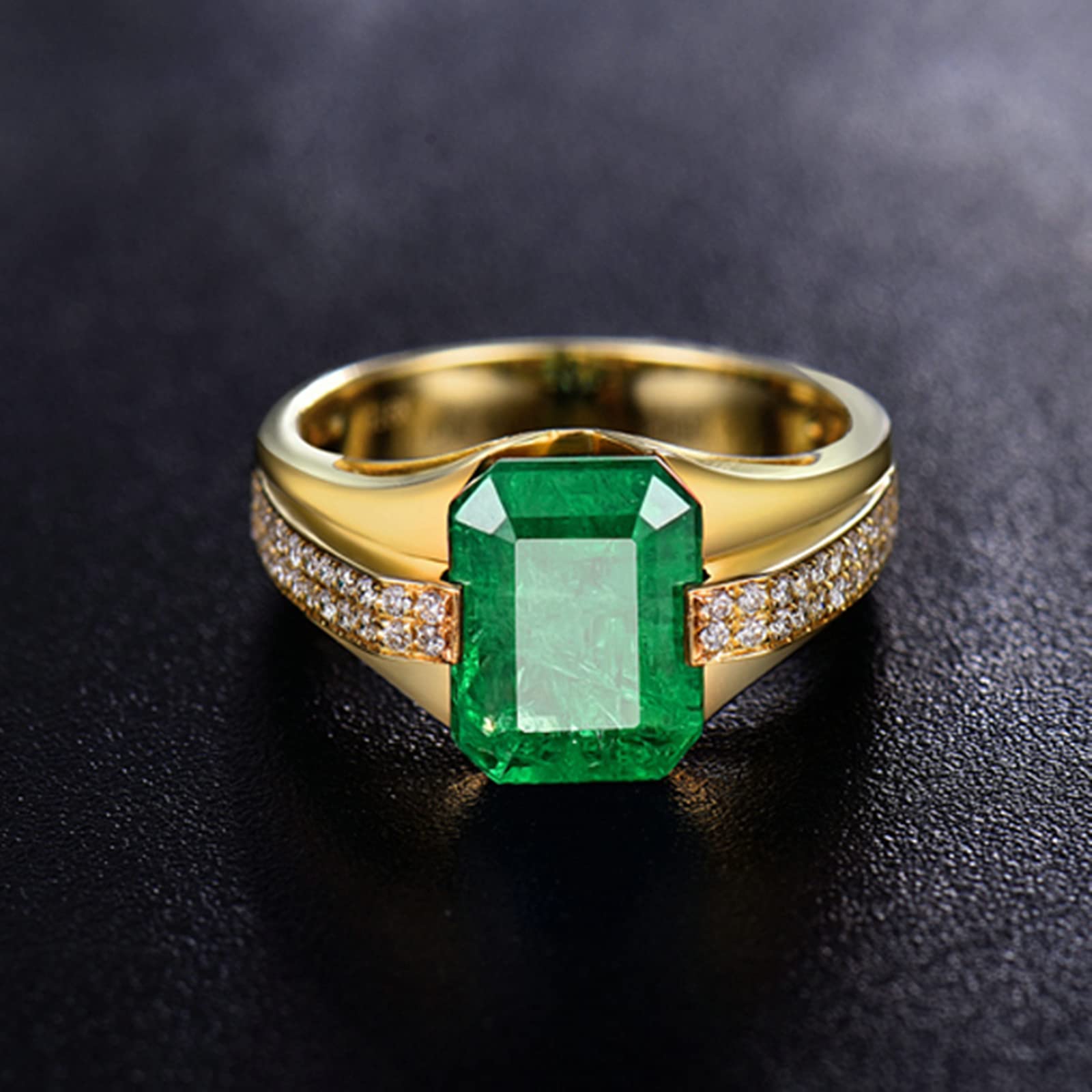 18K Yellow Gold Vintage Wedding Bands for Men - Unique Moissanite & Zirconia Rings with Created Emerald, Sterling Silver 925 - Perfect for Engagement, Anniversary & Special Occasions