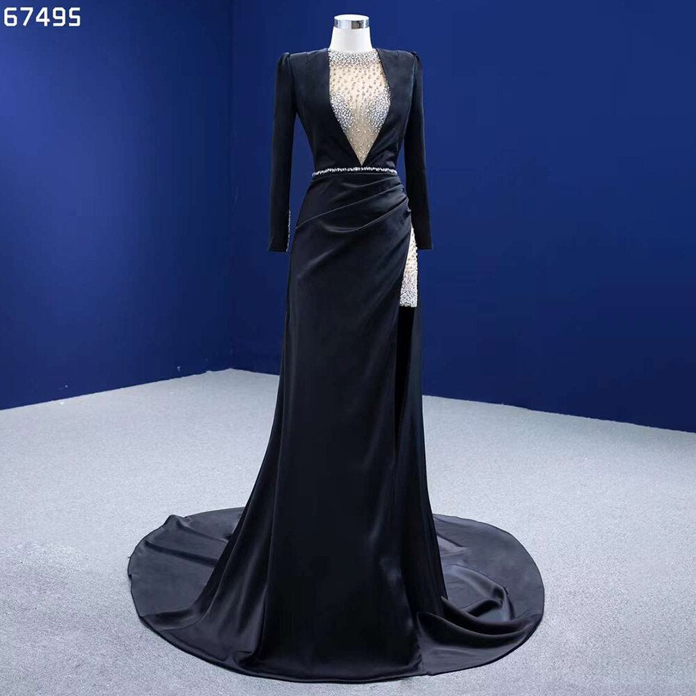Elegant Black Mermaid Evening Gown with Beaded Details - Luxury Custom Made Women's Party Dress for Special Occasions | Perfect for Galas, Weddings & Formal Events 2025 (HM67495)