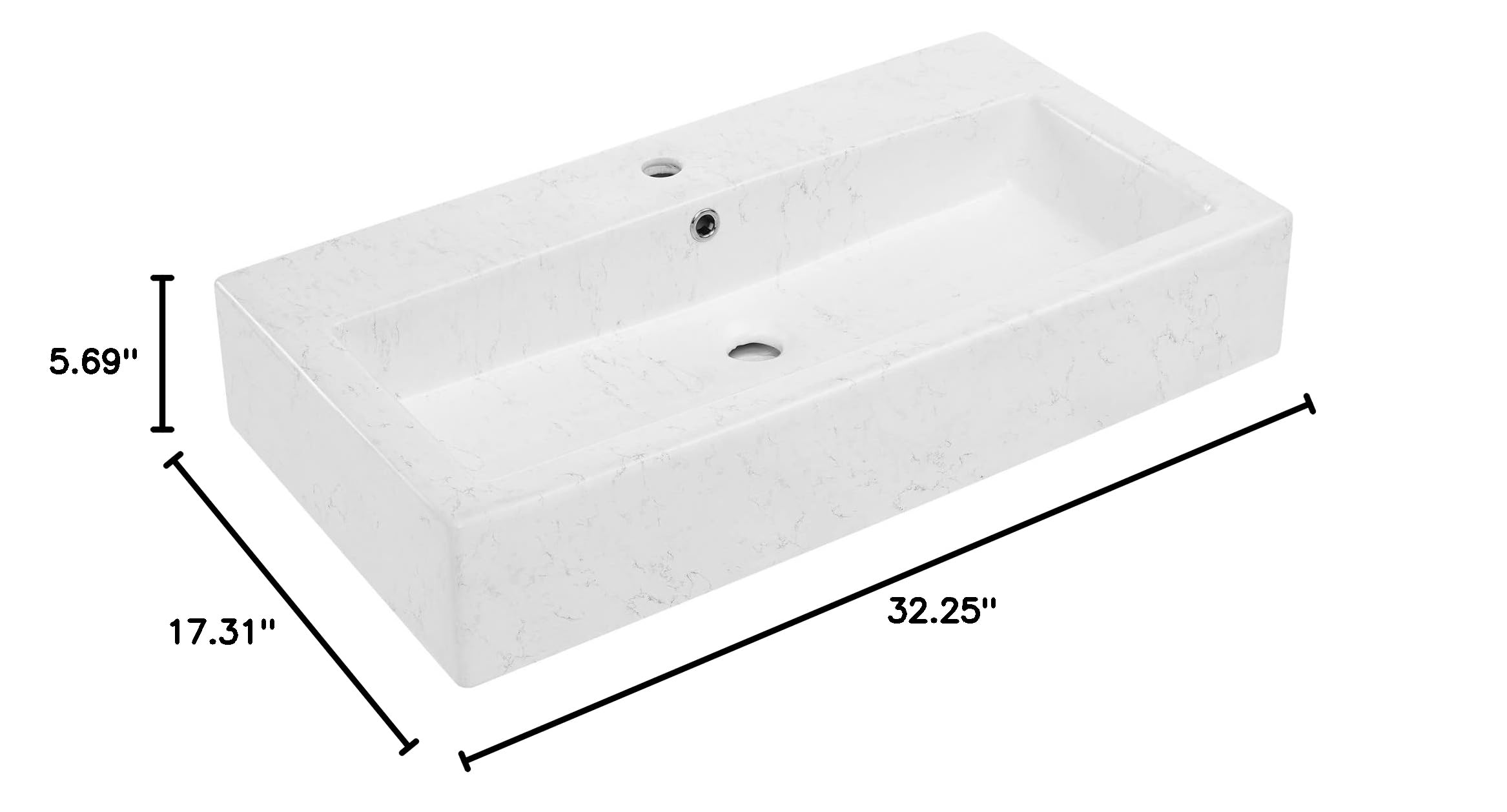 Voltaire Wide Rectangle Vessel Sink in Static Marble - Modern Bathroom Vanity Sink for Contemporary Homes & Luxury Hotels