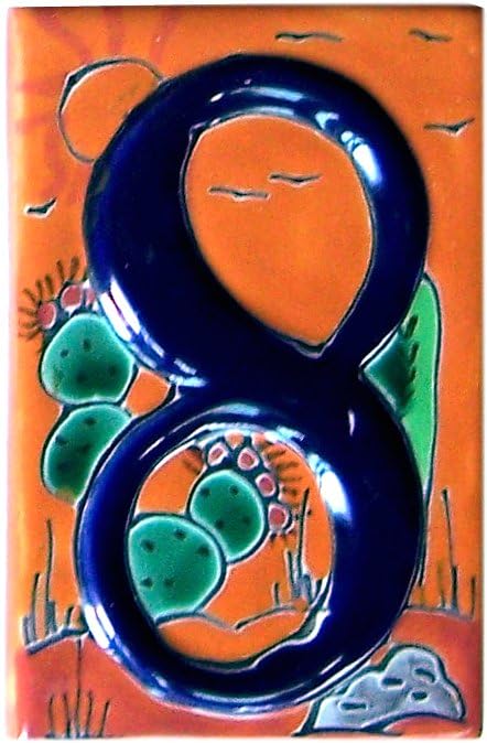Hand-Painted Talavera Ceramic House Number 8 - Mexican Desert Style Address Plaque for Front Door, Porch & Garden Decor