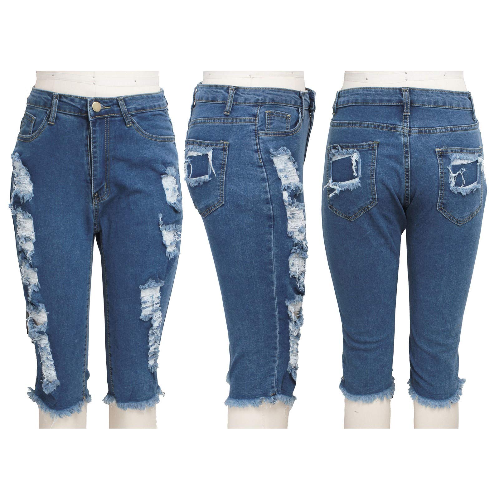 WUAI Women's Bermuda Denim Shorts - Knee Length Biker Shorts, Distressed & Stretchy Ripped Jeans for Curvy & Plus Size | Casual Summer Wear, Beach Outfits, Street Style Fashion