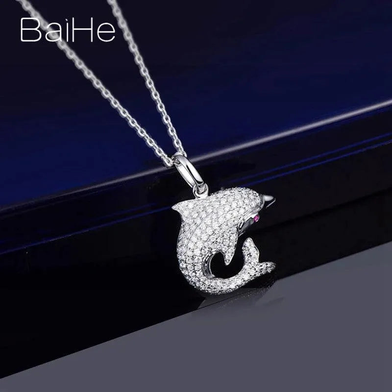 18K White Gold Dolphin Necklace with Natural Ruby and Diamond - Elegant Jewelry for Men & Women - Perfect for Gifts, Anniversaries, and Special Occasions