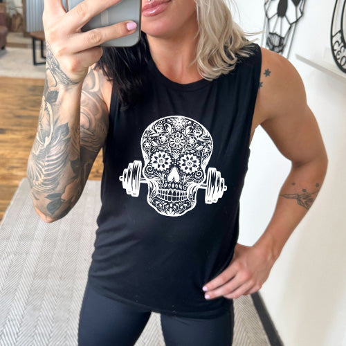 Men's Sugar Skull Print Muscle Tank Top - Gym Workout Shirt for Weightlifting & Bodybuilding - Perfect for Fitness, Halloween & Casual Wear