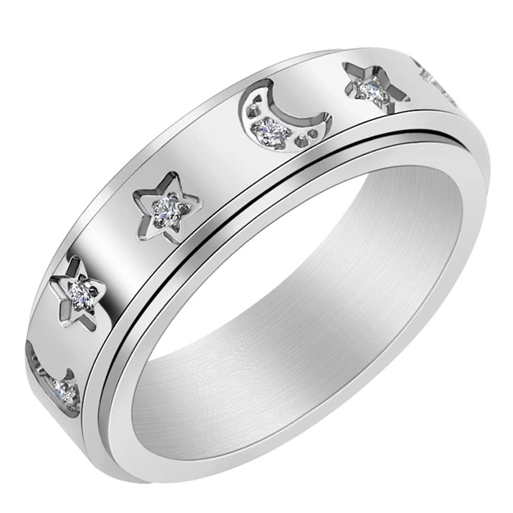 Unisex Stainless Steel Star Moon CZ Crystal Spinner Ring - Anxiety Fidget Jewelry for Stress Relief - Wedding, Engagement & Promise Band - Perfect for ADHD, Office & Everyday Wear