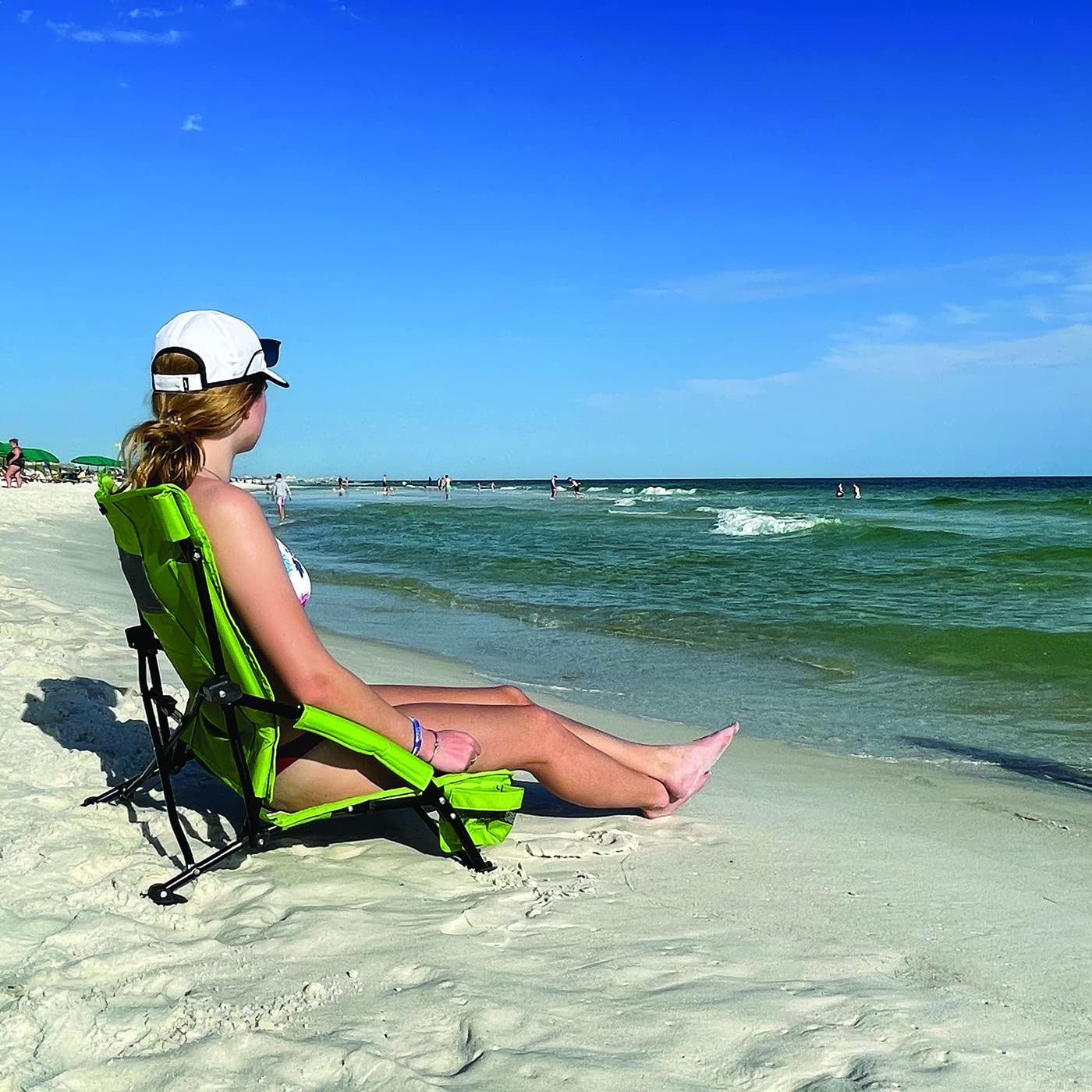 STRONGBACK Low Gravity Beach Chair with Built-in Lumbar Support - Heavy Duty Portable Folding Chair for Adults, Camping, Backyard & Poolside - Lime Green