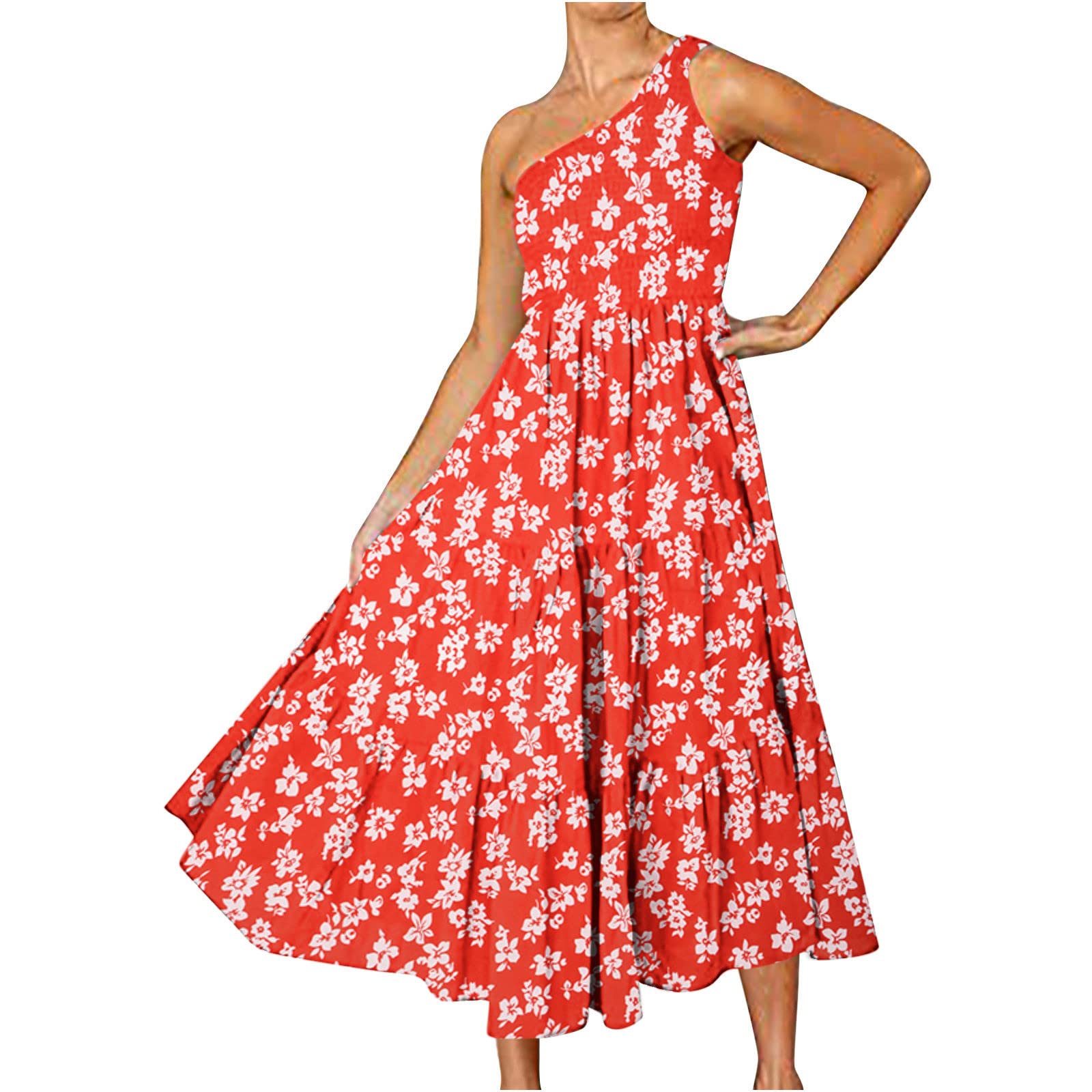 Boho Summer Maxi Dress for Women 2022 - One Shoulder Floral Print Sleeveless Smocked Casual Dress with V-Neck | Perfect for Beach Vacations, Music Festivals & Summer Parties