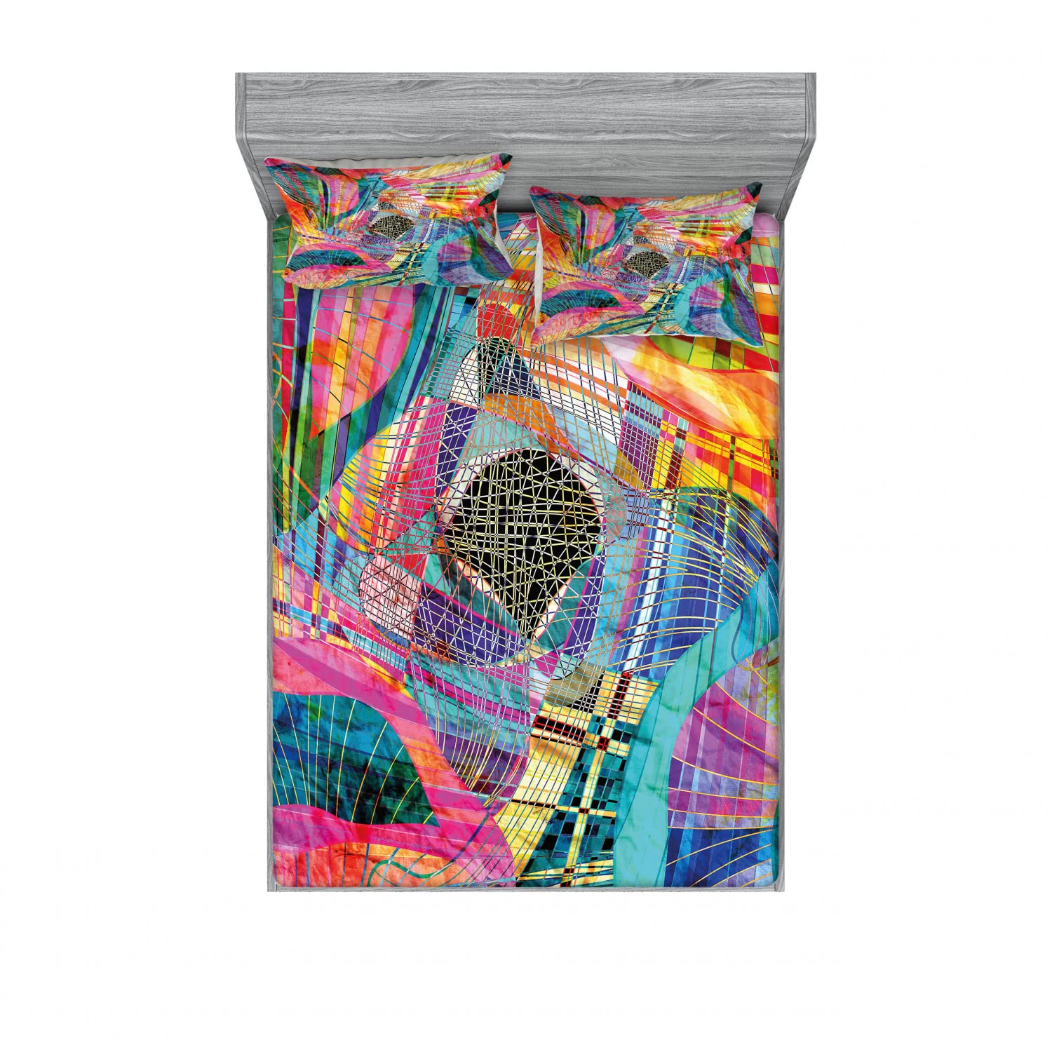 Ambesonne 2-Pack Queen Size Fitted Sheet Set with 4 Pillow Shams - Retro Abstract Pattern Multicolor Bedding - Soft Wrinkle-Resistant Sheets for Guest Room, Dorm, or Master Bedroom Decor