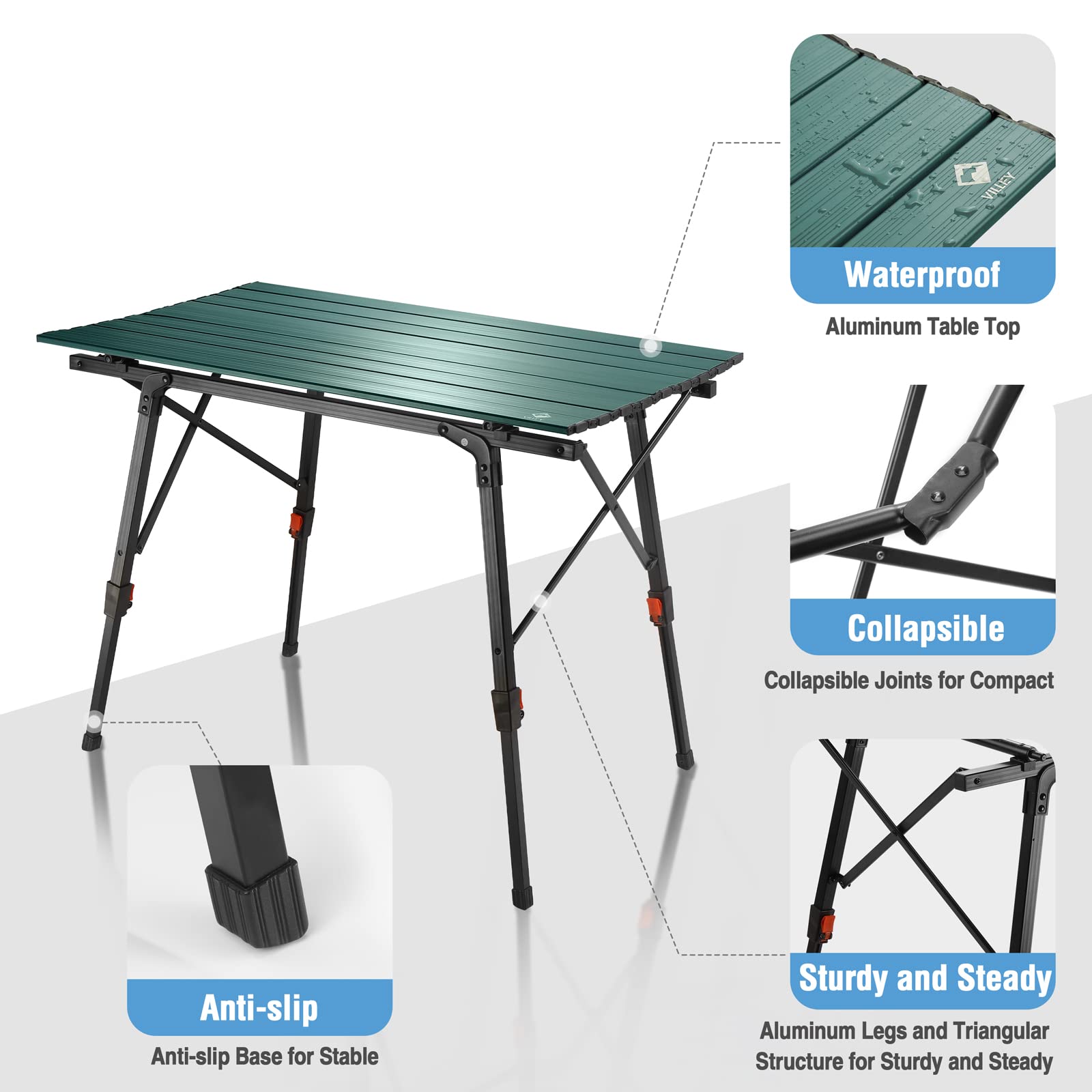 VILLEY Adjustable Height Portable Camping Table - Lightweight Aluminum Folding Table with Carrying Bag for Outdoor Cooking, Picnic, Beach, Backyard, BBQ & Party - Perfect for Camping Trips, Tailgating and Beach Outings