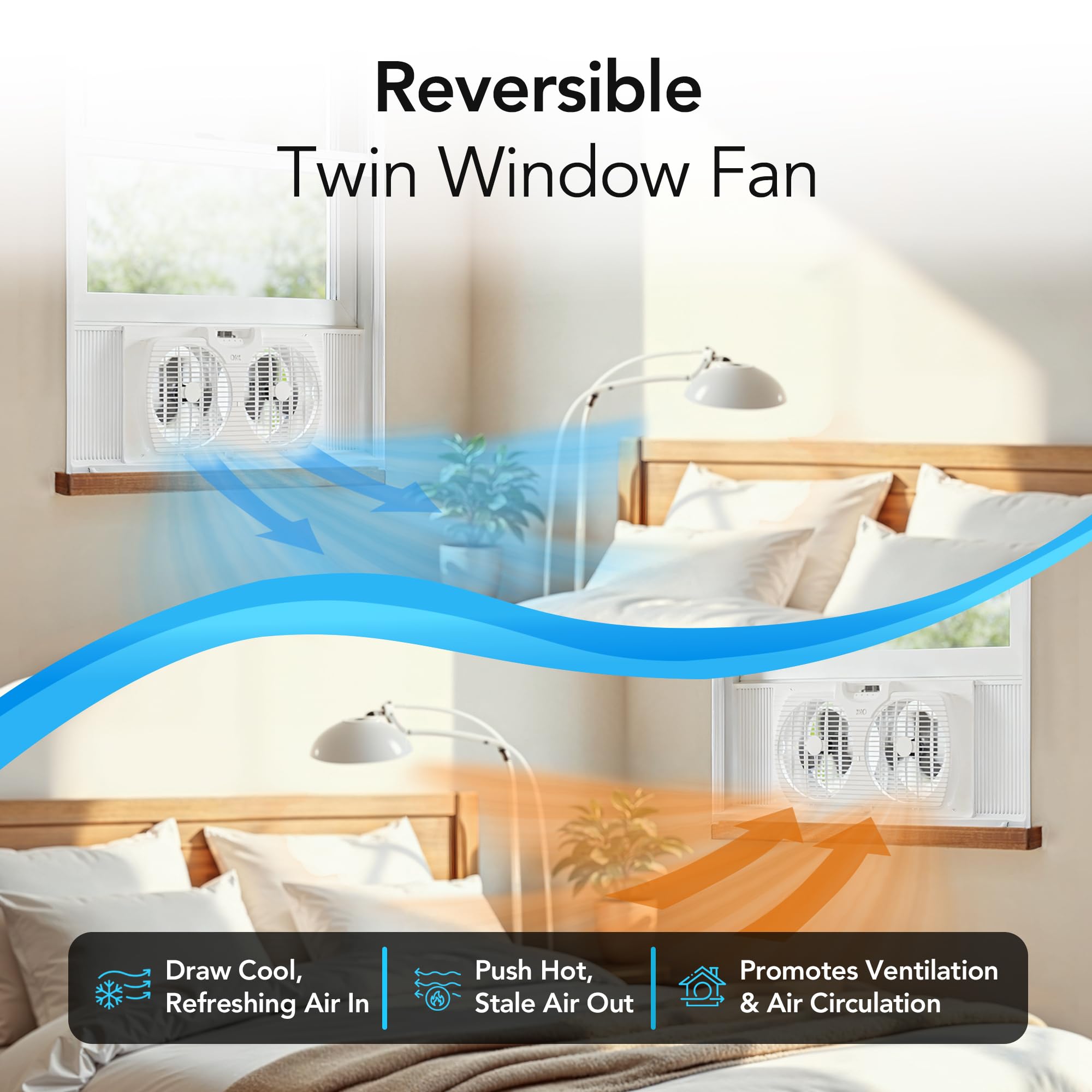 9 Inch 3 Speed Dual Window Fan with Auto-Locking Expanders - Quiet Bedroom Cooling Fan with Removable Bug Screen - White - Perfect for Home, Office & Dorm Room Ventilation