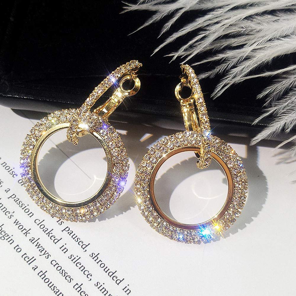 Luxury Round Diamond Rhinestone Hoop Earrings for Women - 14K Gold Plated Glitter Stud Earrings - Elegant Party & Wedding Jewelry Gift for Her