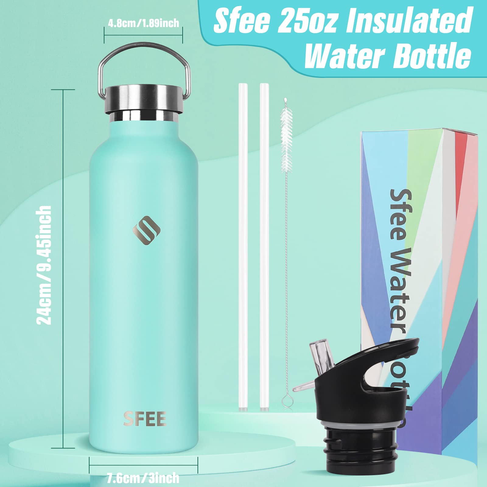 Sfee 25 oz Stainless Steel Insulated Water Bottle with Straw Lid - Double Wall Vacuum Thermos for Kids, Leakproof Sports Bottle for Gym, Hiking, Camping & Travel - Includes Cleaning Brush (Mint Green)