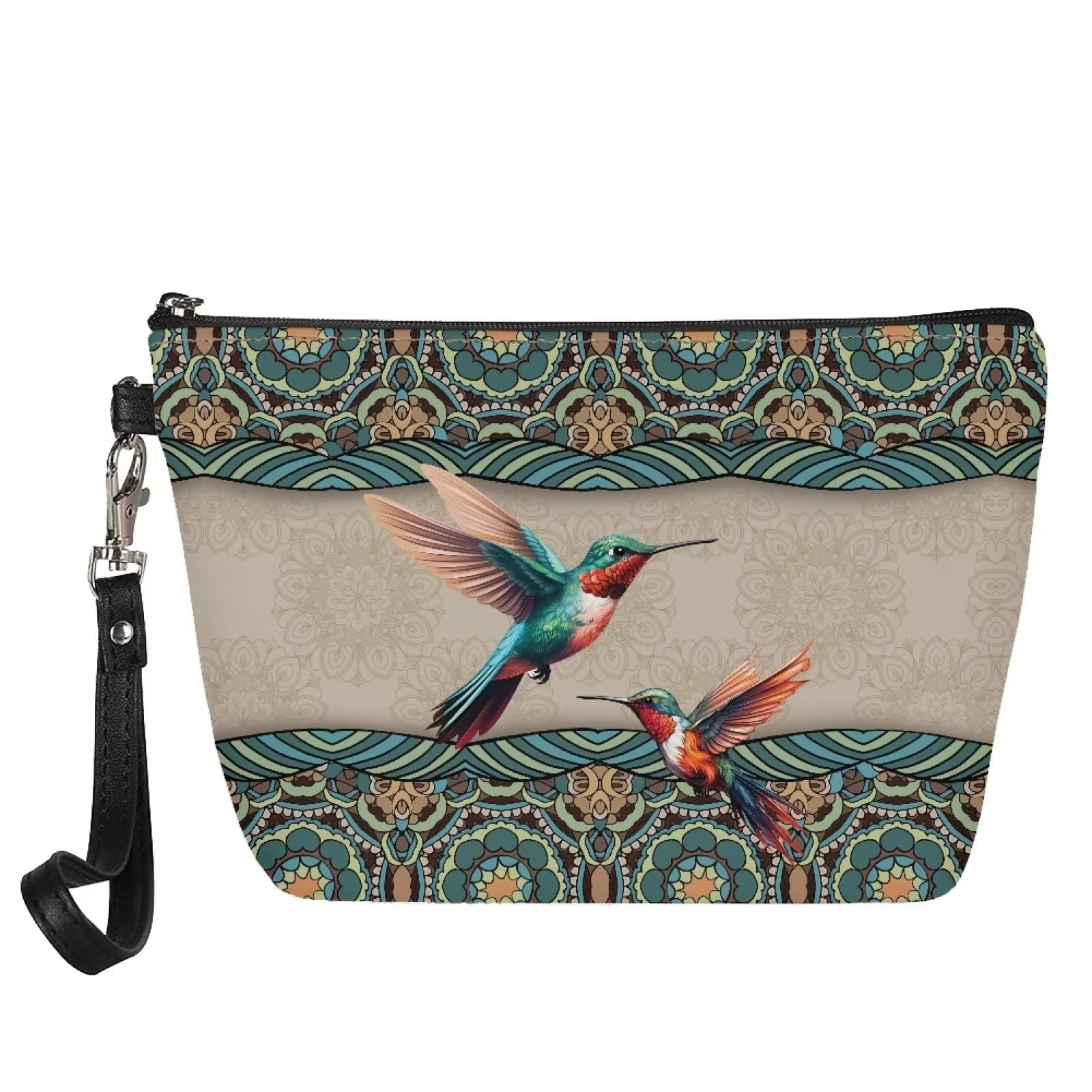 Pocelaces Cosmetic Makeup Organizer Case - Travel Toiletry Bag with Wrist Strap, Bohemian Mandala Hummingbird Design Makeup Storage Pouch for Women & Teens | Perfect for Travel, Gym, and Daily Beauty Essentials Organization