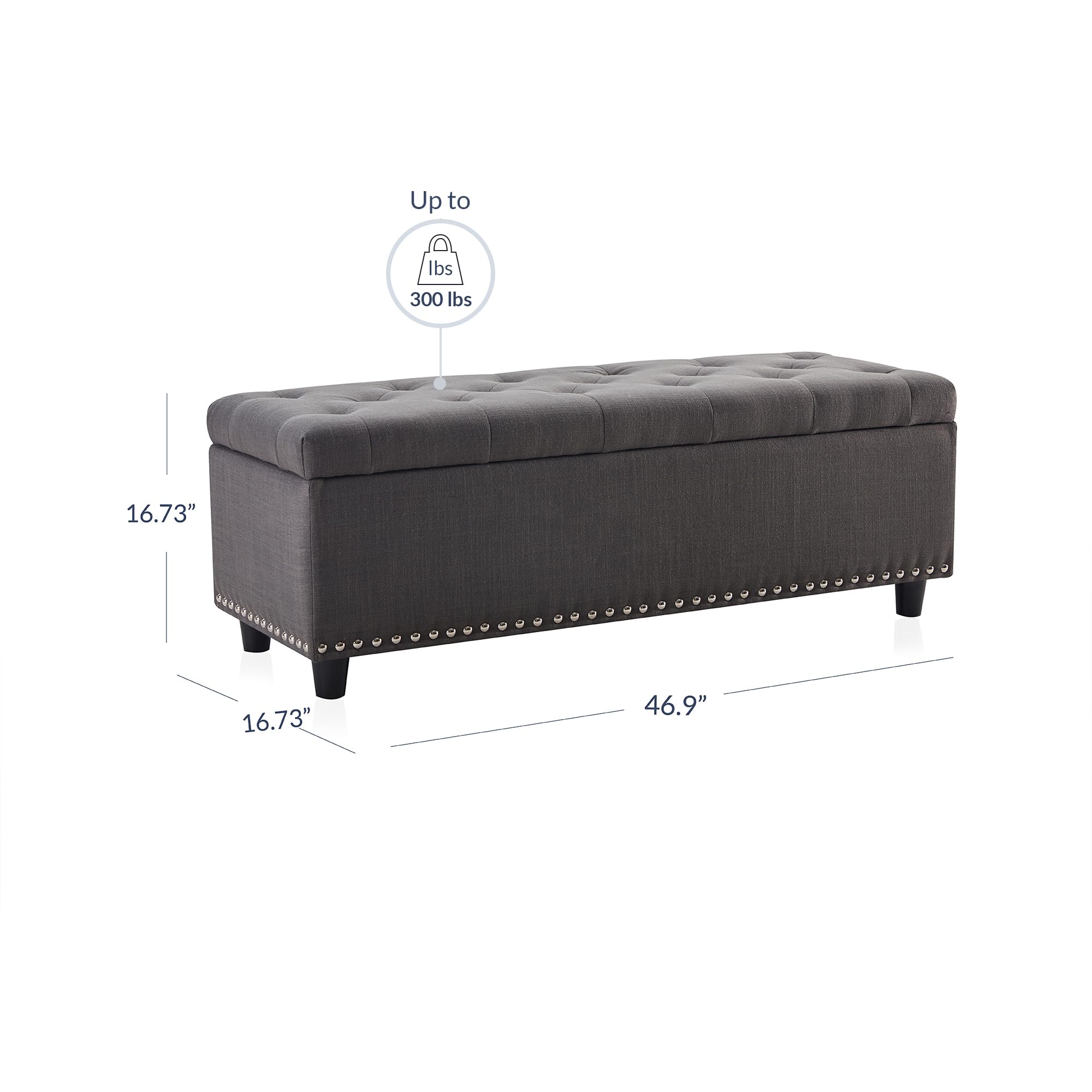 BELLEZE 47 Inch Storage Ottoman Bench with Safety Close Hinge - Button-Tufted Linen Upholstery, 300lb Weight Capacity, Dark Gray - Perfect for Living Room, Bedroom, Entryway & Hallway as Footrest or Seating Storage Solution