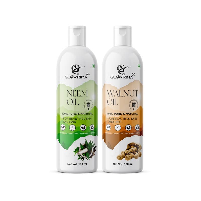 Glowrima 100% Pure Neem Oil & Walnut Oil Combo (100ML Each) for Hair Growth, Anti Hair Fall, Split Ends Repair - Promotes Soft, Shiny Hair - Pack of 2 - Perfect for Daily Hair Care & Scalp Treatment
