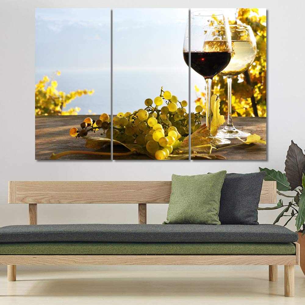 Multi Panel Canvas Wall Art - Red Wine & Green Grape Paintings, Contemporary Framed Kitchen Decor (42