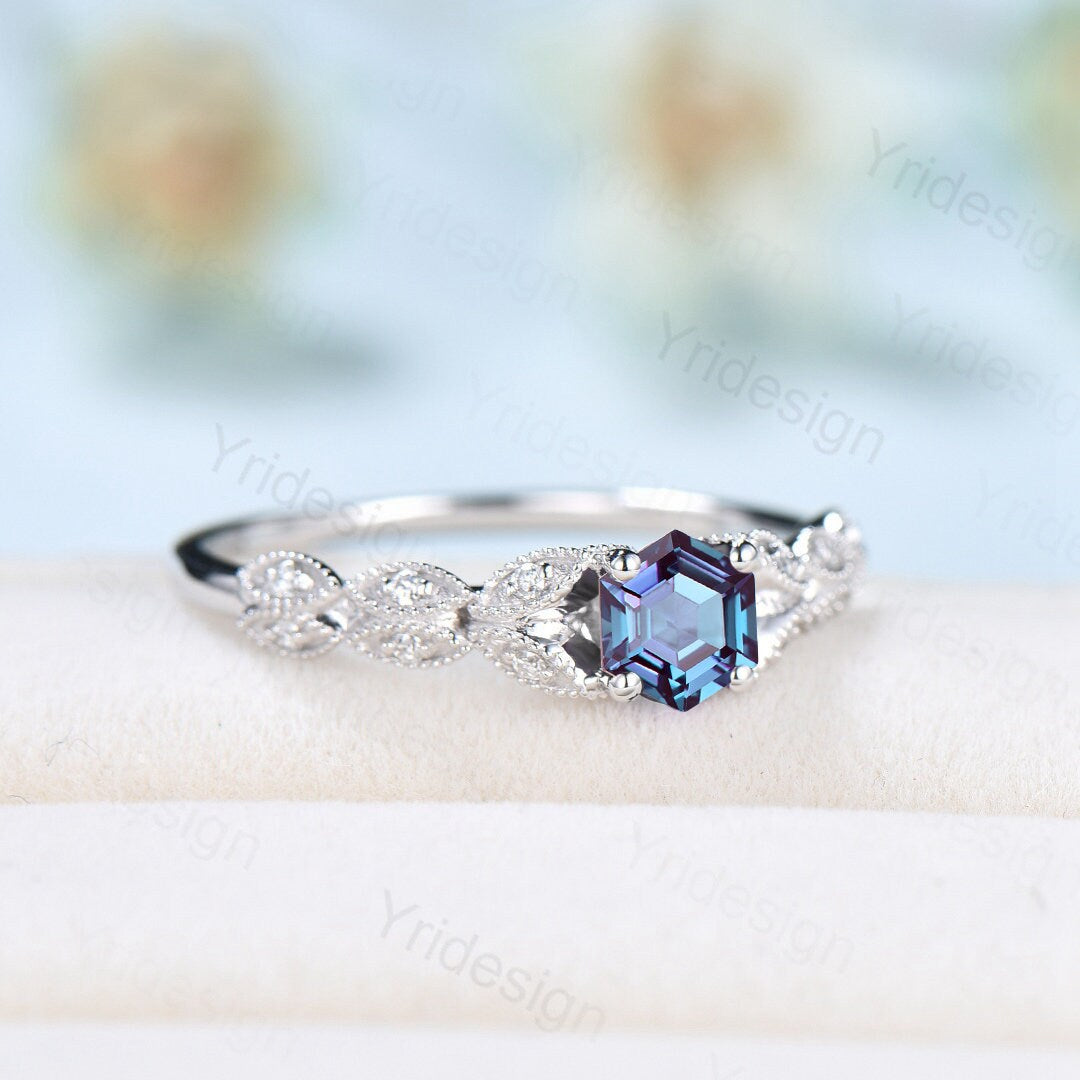 Vintage Hexagon Alexandrite & Moissanite Engagement Ring for Women - Art Deco Split Shank White Gold Wedding Band | Perfect for Proposals, Anniversaries & Special Occasions