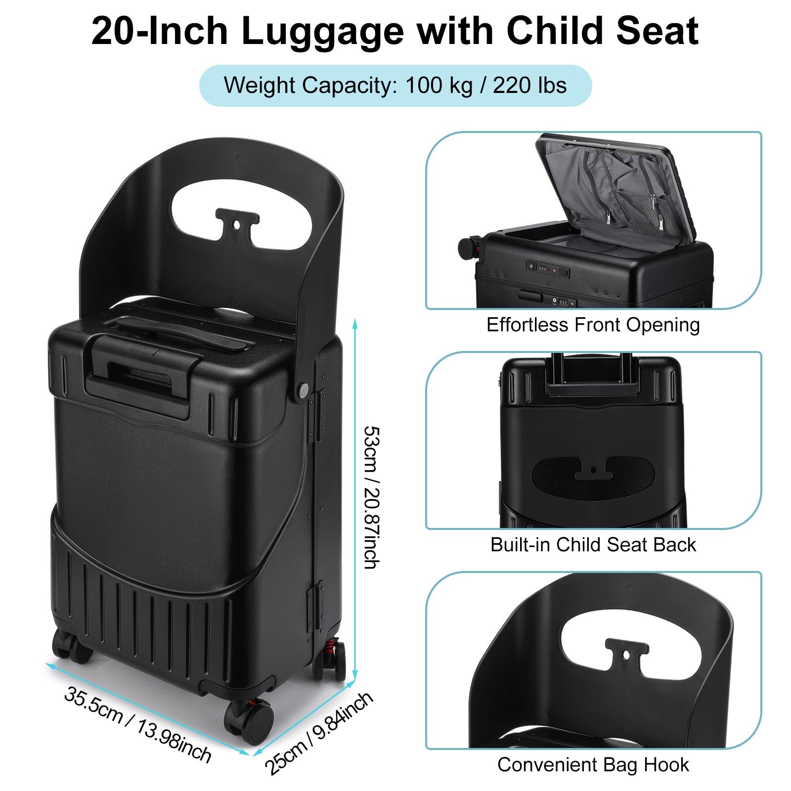 20 Inch Kids Ride-On Luggage with Seat - Top Opening Aluminum Frame Suitcase with 360° Spinner Wheels & TSA Locks - Perfect for Air Travel & Family Vacations (Black)